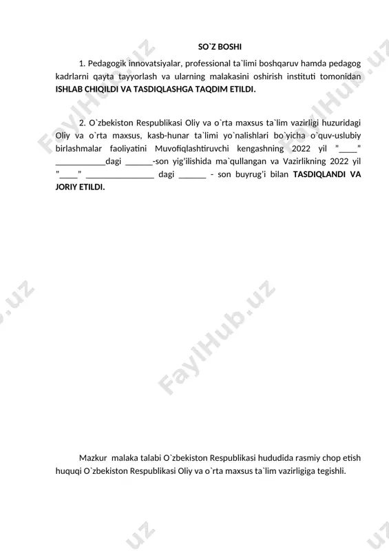 qo`yiladigan talablarni va pirovard maqsadlarini, shuningdek ta`lim oluvchilarning o`quv yuklamalari hajmi va standart talablarini bajarilishi nazoratini belgilaydi. malaka talabi ta`lim oluvchilarning kasbiy tayyorgarligi sifati va kasbiy kompetentsiyasini baholashda hamda ta`lim muassasalarini attestatsiyadan o`tkazishda asosiy mezon hisoblanadi. mazkur talablarning bajarilishi professional ta`lim muassasalarining bitiruvchilariga professional ta`limning tegishli darajasini olganligi to`g’risida davlat namunasidagi hujjat berilishi uchun asos hisoblanadi. malaka talabi ta`limni boshqarish davlat organlari va ta`lim faoliyati sub`ektlari tomonidan, idoraviy bo`ysunuvi va mulkchilik shakllaridan qat`iy nazar, tadbiq etilishi majburiydir. ushbu malaka talabi gaz quritish apparatchisi, kompressor qurilmalari mashinisti, nasos qurilmalari mashinisti, texnologik kompressorlar mashinisti kasblarining professioanl standarti asosida ishlab chiqildi. ushbu malaka talabi nasos qurilmalari mashinisti (в02.065.169.0895/б-20) va kompressor qurilmalari mashinisti (в02.060.169.0890/б-20) kasblarining tasdiqlangan kasbiy standart talablari asosida ishlab chiqildi 2. kasbiy ta`lim xususiyati 2.1. 40720603 – nasos va kompressor qurilmalarini ishlatish kasbi doirasida beriladigan kvalifikatsiyalar: 1. nasos qurilmalari mashinisti 2. kompressor qurilmalari mashinisti kamida umumiy o`rta ma`lumotga ega bo`lgan shaxslar hisobidan …