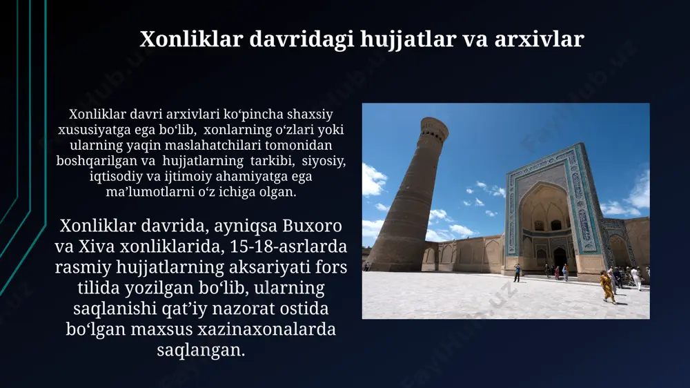 oshlab, sovet davrida markazlashgan arxiv tizimining yaratilishi bilan boshlangan bo'lib, minglab qo'lyozmalar va hujjatlarni to'plashga qaratilgan. xix asr oxiri va xx asr boshlarida rossiya imperiyasi davrida hujjatlarni tizimli ravishda to'plash ishlari boshlangan bo'lsa-da, milliy arxivlarning haqiqiy shakllanishi mustaqillik yillariga to'g'ri keladi. arxiv hujjatlariga kirish va foydalanish ba'zi arxivlar, masalan, toshkentdagi markaziy davlat arxivida, 15-asrga oid qoʻlyozma hujjatlarni oʻz ichiga olgan holda, 5 milliondan ortiq hujjatni saqlaydi. oʻrta osiyo arxivlarida saqlanayotgan hujjatlarning taxminan 80%i rus va fors tillarida boʻlib, ularning digitalizatsiyasi va onlayn kirish imkoniyati cheklangan. markaziy osiyodagi arxivlarning qadimgi tarixi markaziy osiyoda miloddan avvalgi 3-asrga oid, qadimgi buxoro va margʻilon shaharlarida saqlangan hujjatlar, 1000 dan ortiq loy taxtachalar va papirus parchalaridan iborat arxivlarning mavjudligi taxmin qilinmoqda. amir temur davrida (14-asr) tashkil etilgan katta hajmdagi arxivlar, davlat ishlari, soliqlar va yer egaligi boʻyicha 50000 dan ortiq hujjatlarni oʻz ichiga olgan. raqamli arxivlarning rivojlanishi 2010-yildan keyin bulut texnologiyalari va katta hajmdagi maʼlumotlarni …
