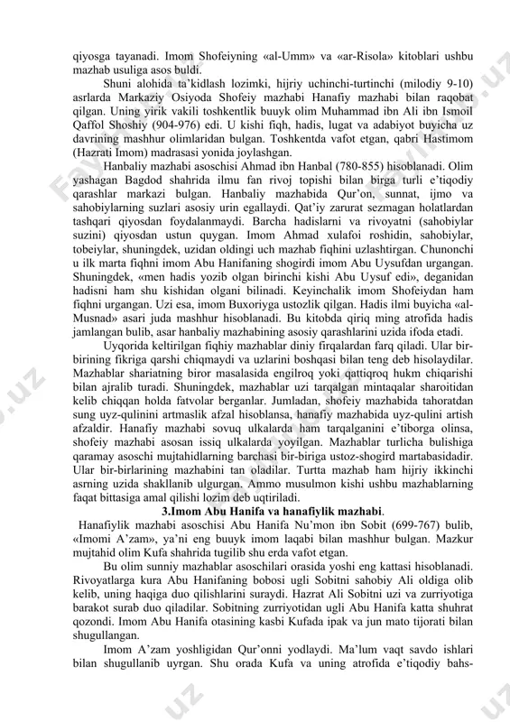 ahli sunna val jamoa» nomini oldi. paygambar (alayhis-salom) davrida biror masala uyzasidan savol paydo bulsa, odamlar darhol shu holatni paygambarga etkazib, uzlariga aniq javob olganlar. shuning uchun bu davrda ixtiloflar bulmagan. sahobiylar ham biror ixtilofli masalalarga duch kelganlarida ishni maslahat bilan hal qilingan. ammo sahobiylar davri tugab borishi natijasida musulmonlar orasida turli ixtiloflar kupaydi. viii asrga kelib musulmonlar orasida shariatning turli masalalarni mustaqil echib bera oladigan olimlar paydo bula boshladi. ular turli fiqhiy masalalarni hal qilishda qur’on oyatlari va hadislarni sharhlab, shu bilan birga sahobiylarning qilgan ishlarini urganib, ushalar asosida hukmlar chiqarib berdilar. ushbu faqih olimlar atrofida shogirdlari kupayib, ularning qarashlarini yozib, ommalashtirdilar. buning natijasida fiqhiy mazhablar paydo buldi. «shariat» suzi arab tilida ikki ma’noda qullaniladi: «suvga olib boradigan yul» va «tugri yul». masalan: «sungra (ey, muhammad!), biz sizni (diniy) ishdan iborat shariat uzra (barqaror) qildik...» (josiya, 18), oyatida shariat suzi «tugri yul» ma’nosida kelgan. shariat – islom huquqiga kura, …