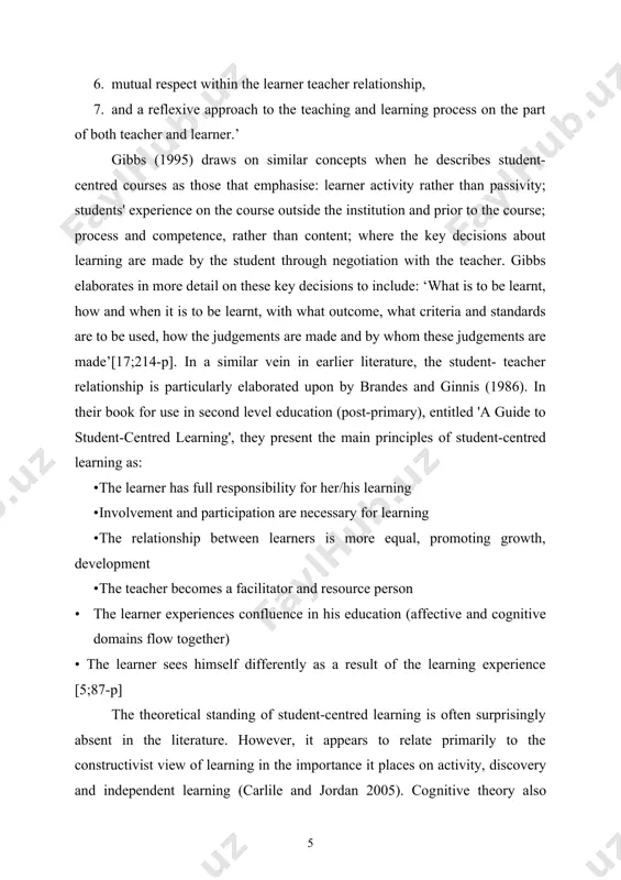 ​ture. however, it appears to relate primarily to the constructivist view of learning in the impor​tance it places on activity, discovery and independent learning (carlile and jordan 2005). cog​nitive theory also highlights activity but in a different form than that supported by the construc​tivists (cobb 1999). the cognitive view supports the idea that the activity of learning is computed in the head, or as often described 'in the mind'. the constructivist view of activity is related more to performing physical activities, for example, projects, practicals. student-centred learning has some connections with the social constructivist view, which emphasises activity and the impor​tance of communities of practice/others in the learning process. however, the definitions of scl do not necessarily highlight the importance of peers in learning (cobb 1999; bredo 1999). the paradigm shift away from teaching to an emphasis on learning has encouraged power to be moved from the teacher to the …
