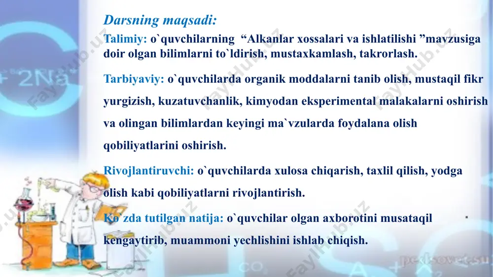 qlik gaz suyuqlik «uchunchisi ortiqcha » o`yini organik moddalar o`simlik va hayvon organizmida sodir bo`ladigan hayotiy jarayonlarning asosini tashkil etadi. metan tabiatda keng tarqalgan, tabiiy gaz tarkibiga kiradi, yog`och, torf, ko`mir quruq xaydalganda xosil bo`ladi, neftni krekinglash jarayonida xam xosil bo`ladi; tabiiy gaz tarkibida metandan tashqari etan, propan, butan va pentan xam uchraydi. metan botqoqliklar tubidan va toshko`mir konlarida xam xosil bo`ladi (botqoqlik gazi yoki ruda gazi xam deyiladi); 2. to‘yingan uglevodorodlarning olinishi va qo‘llanilishi galogenli xosilalardan olinishi – monogalogen almashgan alkanlarning natriy bilan ta’siri c atomlari ikki barobar ko`paygan alkanlarga olib keladi (vyurs reaksiyasi): to`yinmagan uglevodorodlardan olinishi - ni, pd katalizatorlari ishtirokida to`yinmagan uglevodorodlar qizdirilganda alkanlar xosil bo`ladi: metanning olinishi – vodorod atmosferasida yonayotgan elektr yoyida metan xosil bo`ladi; laboratoriya sharoitida metan aluminiy karbiddan olinadi: аl4с3 + 12н2о = зсн4↑ + 4аl(он)3 karbon kislotalarning tuzlaridan olish - suvsiz tuzlarni ishqor bilan qayta ishlanganda xam, bitta c atomiga kam bo`lgan …