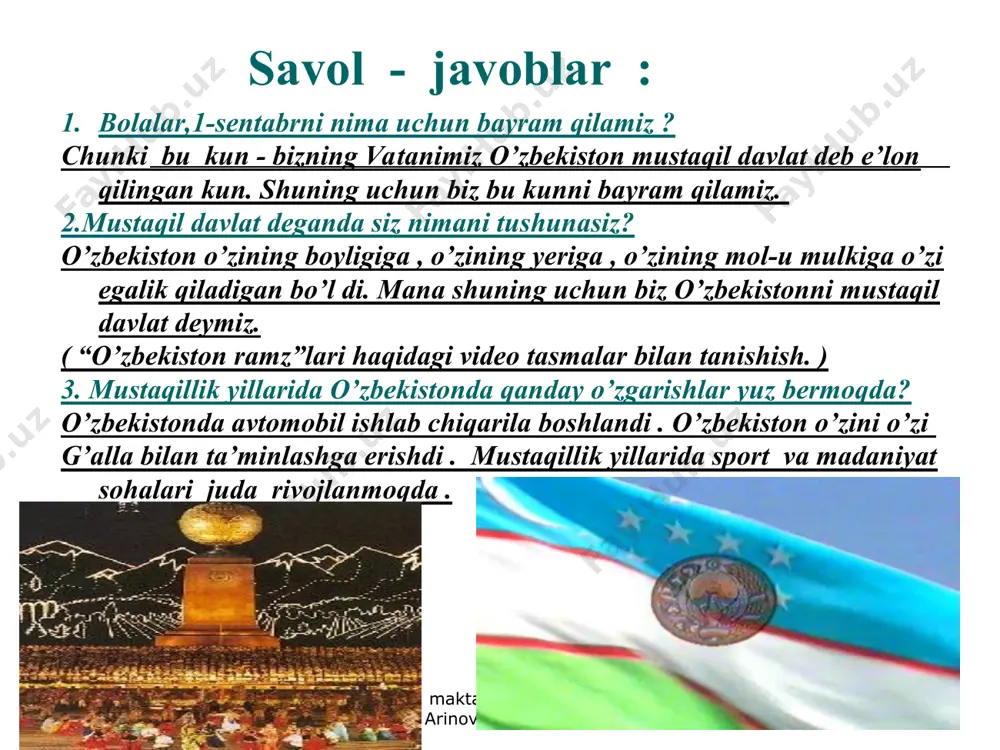joy oldingiz bir umrga shogird yurak to’ridan , mo’min hayot darsin o’qir o’zingizdan , ustozlar . . ustozlar . 300 - maktabning o’qituvchisi arinova zubayra 300 - maktabning o’qituvchisi arinova zubayra vatan . ona . ustoz . bu so’zlarni eshitganda , inson qalbi yorishib ketadi . inson dunyoga kelganida , uni vatan quchadi , ona issiq bag’riga olib , unag mehr bilan oq sut berib , erkalaydi . ustoz esa , uning jajji qo’llaridan ushlab bilimlar va ezguliklar dunyosiga boshlab kiradi . ana shunday qalbi daryo , mehr va muhabbatini chegarasi yo’q bo’lgan biz uchun aziz bo’lgan ustozlarga mehrimiz ham cheksiz ! . ustoz . 300 - maktabning o’qituvchisi arinova zubayra