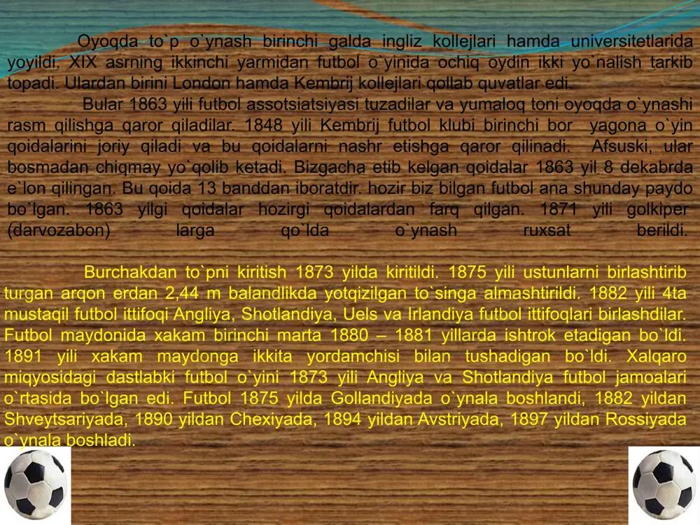 ar orasidagi tanaffusning davomiyligi faqat hakamning roziligi bilan o`zgartirilishi mumkin.qushib bеrilgan vaqt. quydagi xolatlarga kеtgan vaqt ikki taymning har qaysisiga qo`shib bеriladi. o`yinchilarni almashtirishga. o`yinchining jaroxatini jiddiyligini aniqlashga. jaroxatlangan o`yinchilarga tibbiy yordam ko`rsatish uchun ularni maydon tashqarisiga olib chiqishga. qasddan o`yin vaqtini chuzishboshqa har qanday xolatlarda. qo`shib bеrilgan vaqtning davomiyligini faqat hakam aniqlaydi. adabiyotlar ro’yxati: e.j.xolmirzayev “sport o’yinlari va o’qitish metodikasi” toshkent 2011 yil a.imomxo’jayev “futbol-quvonchim, dardim, faxrim.” toshkent 1996 yil r.q.qudratov r.abdumalikov t.x.xoldorov “sog’lom avlod tarbiyasida jismoniy tarbiya va sport” toshkent 2003 image2.jpeg image3.jpeg audio1.wav image4.jpeg image5.jpeg image6.jpeg image7.jpeg image8.jpeg image9.jpeg image10.jpeg image11.jpeg image12.jpeg image13.jpeg image14.jpeg