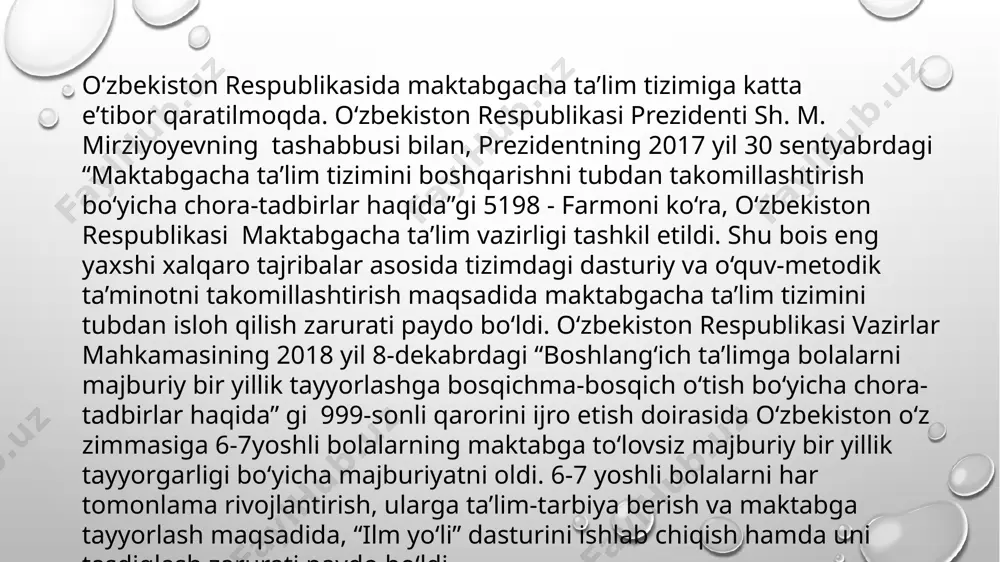 nishini ta’minlashga qaratilgan, bolalarni maktabga tayyorlash bo‘yicha xalqaro tajribalarning hisobga olinib, ishlab chiqilgan hujjat bo‘lib sanaladi. mazkur dastur o‘ziga xos bo‘lib, unga ko‘ra, o‘quv-tarbiyaviy faoliyat kuniga 3 soat davomida amalga oshiriladi, uning majburiy qismi 80 foizni va variativ qismi esa 20 foizni tashkil etadi. dastur idoraviy bo‘ysunishidan va mulkchilik shakllaridan qat’iy nazar o‘zbekiston respublikasi hududida joylashgan barcha maktabgacha ta’lim tashkilotlarida qo‘llanilishi mumkin:bolalarni maktabga majburiy bir yillik tayyorlov guruhlariga ega bo‘lgan umumiy hamda ixtisoslashtirilgan tiplardagi davlat va nodavlat ta’lim tashkilotlarida;maktabgacha va boshlang‘ich ta’lim tizimi uchun kadrlar tayyorlashni amalga oshiradigan o‘rta-maxsus va oliy ta’lim tashkilotlaridamaktabgacha va umumiy o‘rta ta’lim tizimi uchun pedagog-kadrlarnining malakasini oshirish va ularni qayta tayyorlash jarayonini amalga oshiruvchi tashkilotlarda. shuningdek, har bir maktabgacha ta’lim tashkiloti, shu jumladan, maktabgacha ta’limning muqobil shakllari xududiy, milliy, ijtimoiy-iqtisodiy va boshqa shart-sharoitlardan kelib chiqib, o‘z muqobil shakllarini ishlab chiqishi mumkin. 2.“ilm yo‘li”variativ dasturining bolalarni maktabga tayyorlashdagi o‘rni va ahamiyati.dastur asosiga bola shaxsining rivojlanishidagi asosiy …
