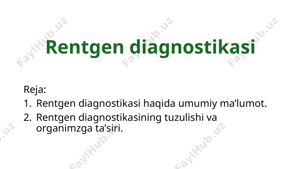 orod, azot oksidi, uglerod oksidi kiradi rentgen nurlari to‘g‘ri chiziqdek tarqaladi, tezligi yorugiik nuriga teng, zaryadi yo’q bo’lib, kvant nurlari qatoriga kiradi. gamma nuri bilan bir xil ta’sir ko‘rsatadi. u ko‘zga ko’rinmaydi, hidi yo‘q, rangsiz bo‘lib, odamning badanidan o‘tganda, kishi hech narsa sezmaydi. rentgenografiya ko‘krak qafasini rentgenologik tekshirishda muhim ahamiyatga ega komponent hisoblanadi, u plyonkada o‘pka, suyak va boshqa a`zolardagi o‘zgarishlarni ifodalash xususiyatiga ega bo‘lib, ularni sinchiklab o‘rganish uchun sharoit yaratadi. rentgenoskopiyaga nisbatan uning hal qiluvchi xususiyati ko‘proq. ta’minlash tizimi va shtativ konstruksiyasiga ko‘ra rentgendiagnostika apparatlari oliy, birinchi, ikkinchi, uchinchi sinfga bo’linadi. oliy sinfdagi rentgendiagnostika apparatlari uch fazali o‘n ikki yarim o‘tkazgichli to‘g‘rilash tizimi bilan ta’minlangan. birinchi sinfga kiradigan rentgendiagnostika apparatlari uch fazali olti yarim o‘tkazgich tuzilishiga ega bo‘lib, maksimal yuqori kuchlanishi 125 — 150 kv, anod tokini esa 600 dan 800 ma gacha yetkazadi ikkinchi sinfga bir fazali ta’minlanuvchi qurilma bilan ikkita yarim o‘tkazgichli to‘g‘rilash sxemasi bo‘lgan rentgendiagnostika apparatlari …
