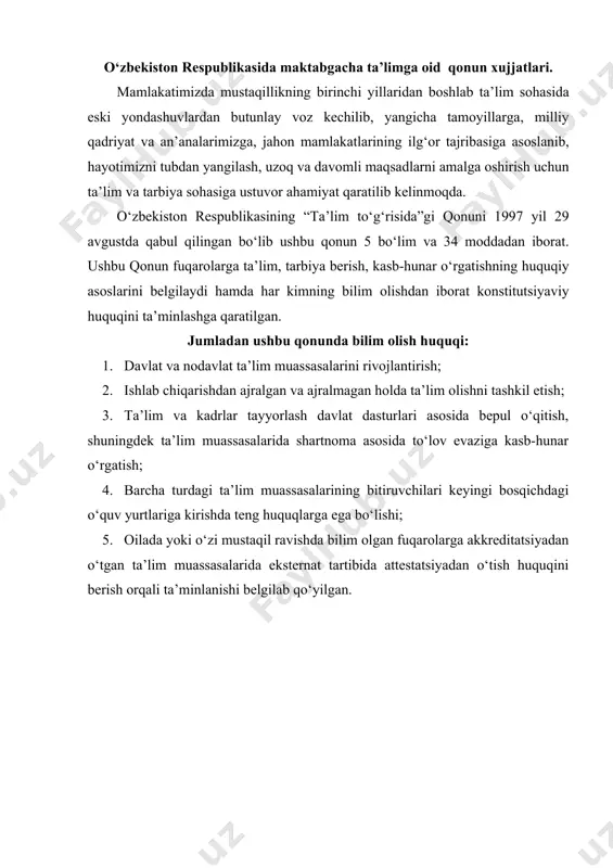 da yoki kasb-hunar kollejida o‘qishni tanlashning ixtiyoriyligi; 5. ta’lim tizimining dunyoviy xarakterda ekanligi; 6. davlat ta’lim standartlari doirasida ta’lim olishning hamma uchun ochiqligi; 7. ta’lim dasturlarini tanlashga yagona va tabaqalashtirilgan yondashuv; 8. bilimli bo‘lishni va iste’dodni rag‘batlantirish; 9. ta’lim tizimida davlat va jamoat boshqaruvini uyg‘unlashtirish. ushbu qonunda tegishli ma’lumoti, kasb tayyorgarligi bor va yuksak axloqiy fazilatlarga ega bo‘lgan shaxslar pedagogik faoliyat bilan shug‘ullanish huquqiga ega ekanligi xamda pedagogik faoliyat bilan shug‘ullanish sud hukmiga asosan man etilgan shaxslarning ta’lim muassasalarida bu faoliyat bilan shug‘ullanishiga yo‘l qo‘yilmasligi aloxida ta’kidlab o‘tilgan. “ta’lim to‘g‘risida”gi qonunning 6-moddasida ta’lim muassasasining huquqiy maqomi nazarda tutilgan. unga asosan, ta’lim muassasasi yuridik shaxs bo‘lib, qonun hujjatlarida belgilangan tartibda tashkil etiladi. nodavlat ta’lim muassasasi o‘zbekiston respublikasi vazirlar mahkamasi belgilagan tartibda davlat akkreditatsiyasidan o‘tgan paytdan boshlab yuridik shaxs huquqlari va ta’lim faoliyati bilan shug‘ullanish huquqiga ega bo‘ladi. ta’lim muassasasini akkreditatsiyalash vakolatli davlat organi tomonidan attestatsiyaga asosan amalga oshirilishi belgilab qo‘yilgan. ushbu …