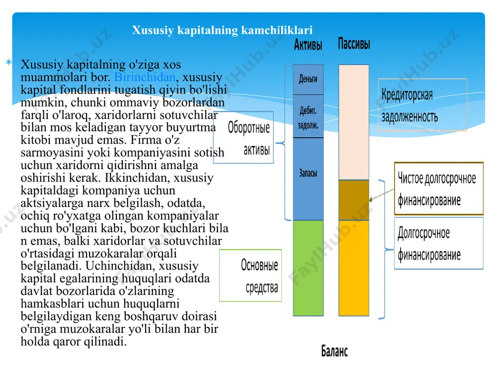 orotlami aks ettirishni tasniflaydi. buxgalteriya balansida xususiy sarmoyani umumiy summasigina oshkor qilinishi kerak. xususiy kapital va uning tarkibiy qismlari haqidagi axborotlami tarkibiy qismi sifatida ochib berilishi 14 son bhms bilan tarkiblanadi. barcha xo'jalik yurituvchi subyektlar (banklar va byudjet tashkilotlaridan tashqari) xususiy kapital to'g'risidagi axborotni tayyorlash va ochib berish jarayonida mazkur standart talablarini bajarishlari kerak. o 'z sarmoyasi (xususiy kapital) to'g'risidagi hisobotda o'zsarmoyasining harakati, zaxiralarni shakllantirish, to'lash uchun hisoblangan dividendlar to'g'risidagi axborot taqdim etiladi. xususiy kapital to'g'risidagi hisobotni tuzish maqsadi bo'lib, xususiy kapitalning hisobot davri boshiga va oxiriga bo'lgan holati va hisobot davri mobaynida uning tarkibidagi o'zgartirishlar haqidagi axborotni ochib berish hisoblanadi. xususiy kapital to'g'risidagi hisobotga bo'lgan tushuntirishda xo'jalik yurituvchi subyekt xususiy kapital qatnashchisining chiqib ketishi, aksiyadorlik jamiyati tomonidan aksiyalaming sotib olinishi yoki sotib olingan aksiyalami bekor qilinishi, aksiyalar nominal qiymatining pasayishi yoki boshqa sabablarga ko'ra kamayib ketganligi haqidagi ma’lumotlar keltiriladi. hisobotning xususiy kapital to'g'risidagi qismiga oid tushuntirish xati "hisob siyosati …