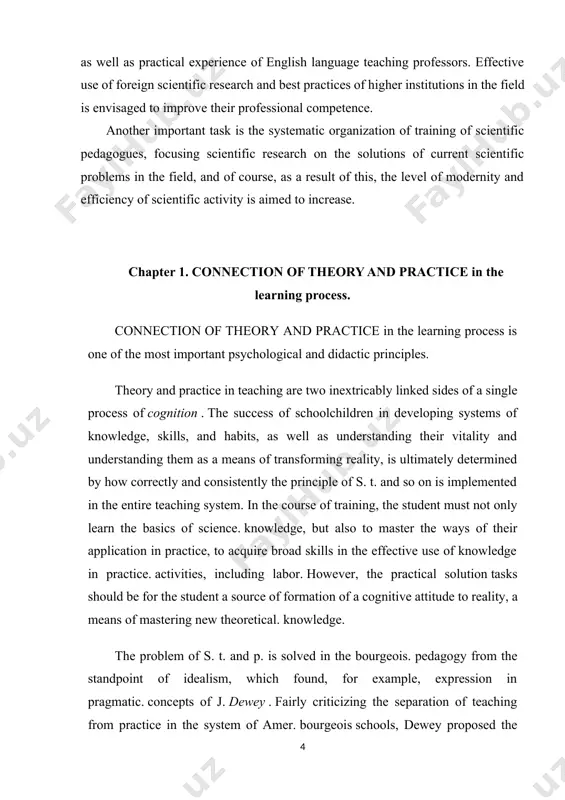 eality, is ultimately determined by how correctly and consistently the principle of s. t. and so on is implemented in the entire teaching system. in the course of training, the student must not only learn the basics of science. knowledge, but also to master the ways of their application in practice, to acquire broad skills in the effective use of knowledge in practice. activities, including labor. however, the practical solution tasks should be for the student a source of formation of a cognitive attitude to reality, a means of mastering new theoretical. knowledge. the problem of s. t. and p. is solved in the bourgeois. pedagogy from the standpoint of idealism, which found, for example, expression in pragmatic. concepts of j. dewey . fairly criticizing the separation of teaching from practice in the system of amer. bourgeois schools, dewey proposed the concept of learning, according to which the students were …