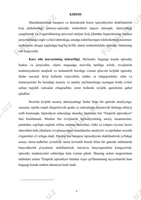 aroitlari, ichki va xalqaro siyosat, bozor sharoitlari kabi jihatlarni rivojlanayotgan mamlakatlar amaliyoti va tajribalari asosida o'rganishni o'z ichiga oladi. mazkur fan barqaror iqtisodiyotni shakllantirish yo'lidagi asosiy chora-tadbirlar yo'nalish- larini ko'rsatib berish bilan bir qatorda talabalarda bunyodkorlik g'oyalarini shakllantirish, ma'naviy dunyoqarashini kengaytirish, iqtisodiy madaniyatini oshirishga ham xizmat qiladi. shuning uchun magistratura talabalari uchun "empirik iqtisodiyot fanidan o'quv qo'llanmaning tayyorlanishi ham bugungi kunda muhim ahamiyat kasb etadi. 1 g’afurov u. v. davlat iqtisodiy siyosati va uning ta’siri toshkent 2021 226 bet -7 bet. ushbu o'quv qo'llanmaning tarkibiy tuzilishi jihatidan puxtaligi, fanning barcha asosiy mavzu-muammolarini qamrab olishi, ularning yoritilishidagi izchilligiga ham asoslangan. jumladan, o'quv qo'llanmada iqtisodiy farovonlik, iqtisodiy o'sish, tarixiy istiqbolda iqtisodiy o'sish nazariyasi, qashshoqlik, tengsizlik va zaiflik, iste'mol, vaqtni taqsimlash va ishlab chiqarishni tanlash, uy xo'jaligi, mahalliy tovarlar va xizmatlar, ishchi kuchi bozori, investitsiya va moliyaviy bozorlar, xalqaro bozorlar va umumiy muvozanat, institut va korporatsiyalar, siyosat, boshqaruv va siyosiy iqtisod, maqsadli uzatish …