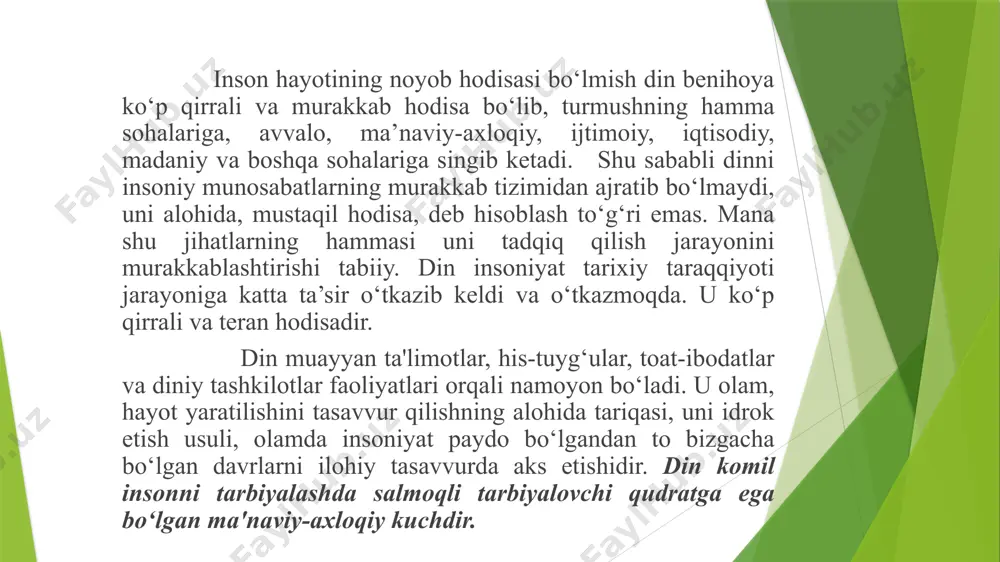 y davlat dinlari jahon dinlari ibtidoiy diniy ko‘rinishlar dinshunoslik fanini o’qitishning asosiy maqsadi yoshlarda diniy qarashlar taraqqiyotga, inson kamolotiga xizmat qiladigan jihatlarini ajratib olish, mustaqil fikr yuritish orqali ilmiy-falsafiy dunyoqarashga asoslangan imon va e’tiqodni shakllantirishdan iborat. o‘zbekiston respublikasi prezidenti tomonidan 2017-yilning boshida “dinshunoslik” fani bo‘yicha barcha ta’lim bosqichlari uchun yangi formatdagi o‘quv dasturlari va darsliklarni yaratishga hamda yoshlarning mafkuraviy immunitetini mustahkamlash ishlariga muhim e’tibor qaratildi. dinshunoslik fanini o’qitishning asosiy maqsad dinshunoslik fanini o‘qitishdan maqsad – kishilarda dinning kelib chiqishi, evolyutsiyasi, hozirgi davrdagi holati, insoniyat hayotida tutgan o‘rni haqida umumiy ilmiy tushunchalar berishdan iborat диншунослик фанининг мазмуни yoshlarda din, uning turli shakllari, ta'limotlari, yo‘nalishlari, mazhablari haqida to‘g‘ri ilmiy xulosalar chiqara oladigan, diniylik va dunyoviylik munosabatlarini asosli tahlil qila oladigan ilmiy dunyoqarashni shakllantirishdan iborat. bunga erishishda o‘zbekiston respublikasi konstitutsiyasi, «vijdon erkinligi va diniy tashkilotlar to‘g‘risida»gi qonun, jinoyat, fuqarolik, oila kodekslaridagi din va vijdon erkinligi haqidagi ko‘rsatmalar, qoidalar dasturulamal bo‘lib xizmat qiladi. din …