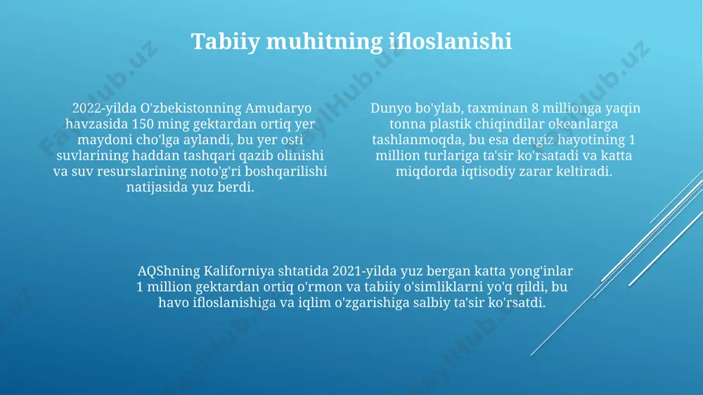 si 113 davlat vakillarini birlashtirib, atrof-muhitni muhofaza qilish bo'yicha xalqaro hamkorlikning boshlanishini belgilab berdi, tabiiy resurslarni boshqarishda yangi standartlarni o'rnatdi. xalqaro hamkorlik, masalan, 2015-yildagi parij iqlim kelishuvi orqali 196 mamlakatni birlashtirib, global isishga qarshi kurashda muhim rol o'ynaydi, tabiatni tiklashga yo'naltirilgan sa'y-harakatlarni muvofiqlashtiradi. jahon sog'liqni saqlash tashkiloti (jsst) kabi tashkilotlarning 194 a'zo davlati bor, ular yuqumli kasalliklarga qarshi kurashda xalqaro hamkorlikni namoyon etadi, inson salomatligini himoya qilish orqali hayotni saqlab qolishga hissa qo'shadi. ekologik loyihalar va dasturlar oʻzbekistondagi amudaryo havzasida 2021-yilda amalga oshirilgan ekologik loyihalar 5000 gektar yer maydonini qayta tiklashga va 1000 dan ortiq yangi daraxtlar ekishga yordam berdi. xorazm viloyatida 2022-yilda boshlangan “yashil makon” dasturi doirasida 3 million tupdan ortiq daraxt va butalar ekildi, bu esa havo sifati va bioxilma-xillikni yaxshilashga xizmat qildi. toshkent shahridagi “toza havo” dasturi 2023-yil yakunlari boʻyicha 15% ga havo ifloslanishini kamaytirdi va bu shahar atrof-muhitining salomatligini yaxshilashga olib keldi. bioxilma-xillikning kamayishi oʻrmonlarning kesilishi …