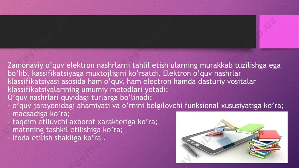 i va bayon etilash shakli jihatidan farq qiluvchi axborot xarakterini aniqlash maqsadga muvofiq bo’ladi. qanday izlash kerak bo’ladi? – zaruriy axborotning internetdagi joyini toppish uchun ushbu axborot joylashtirilgan resurslarni qidirish lozim bo’ladi. bunday ma’lumotlarni qidiruv tizimlarining berilganlar bazalarida, qidiruv kataloglaridan topish mumkin.asosiy rus tilidagi qidiruv tizimlariga rambler, yandex, aport, google’ lar kiradi.bunday tizimlarda qidiruv matn ko’rinishida ifodalangan so’rovlar asosida amalga oshiriladi. amalda bir nechta qidiruv tizimlarinidan foydalanish maqsadga muvofiqdir, chunki qidiruv tizimlarining berilganlar bazalari bir-biridan farq qiladi.maxsus tarixiy kataloglar biror qidiruv, axborot yoki ilmiy-tadqiqot resursi tarkibida yoki mustaqil resurs sifatida mavjud bo’ladi. qidiruv tizimlaridan farqli ravishda kataloglar foydalanuvchilar umidlarni ko’proq darajada oqlaydilar, chunki qidiruv oldindan tanlangan mavzu bo’yicha materiallar ichida amalga oshiriladi. tuzilishiga ko’ra electron nashrlar bir tomli (bitta axborot tashuvchida joylashtirilgan) va ko’p tomli (har bittasi alohida axborot tashuvchiga joylashtirilgan nomerlangan ikki yoki undan ortiq mustaqil elektron nashrlar) shunigdek bir xil formatda chiqariluvchi bir necha tomlarning majmuasidan iborat seriyali …