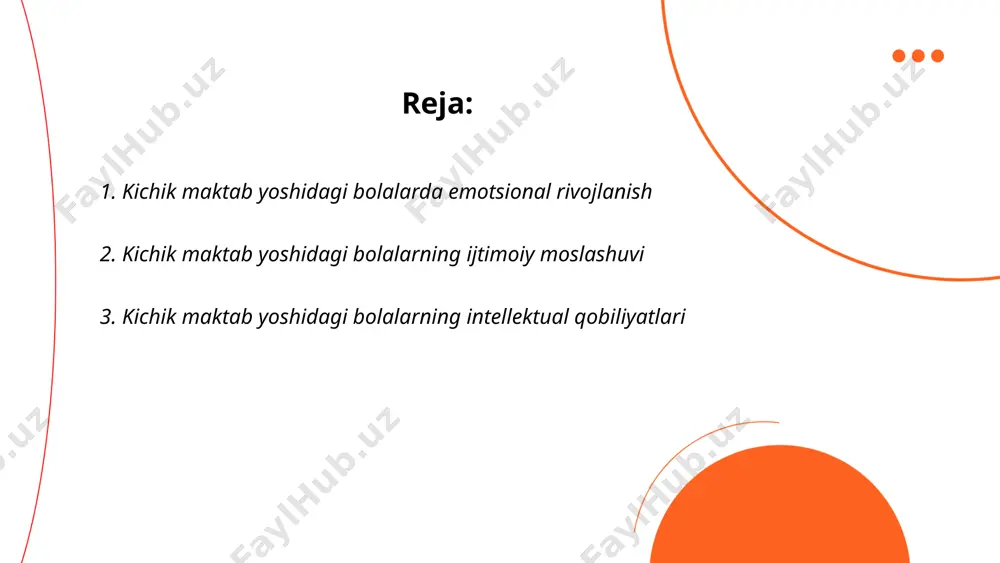 ydi. ... t.me/slaydai_bot 3. kichik maktab yoshidagi bolalarning intellektual qobiliyatlari haqida ma'lumot: bu yoshdagi bolalar (6-9 yosh) kognitiv rivojlanish jarayonida bo'lishadi. ular o'qish, yozish, matematik amallarni bajarish kabi asosiy ko'nikmalarni o'rganadilar. miya hajmi taxminan 90-95% rivojlanadi va bu davrda diqqat, xotira va muammolarni hal qilish qobiliyatlari sezilarli darajada yaxshilanadi. ma’lumotlarni qayta ishlash tezligi ham ortib boradi. shu yoshdagi bolalar yangi bilimlarni tez o'zlashtirib, mantiqiy fikrlash ko'nikmalarini rivojlantiradilar. iq darajasi turlicha bo'lishi mumkin, lekin o'rtacha 85-115 oralig'ida kuzatiladi. ... t.me/slaydai_bot 4. o'qituvchi va o'quvchi o'rtasidagi munosabatlar o'qituvchi va o'quvchi o'rtasidagi munosabatlar, ta'lim jarayonining samaradorligini belgilovchi muhim omil hisoblanadi. 2022-yilda o'zbekistonda o'tkazilgan tadqiqotlarga ko'ra, o'quvchilarning 75 foizi o'qituvchilar bilan yaxshi munosabatlar o'rnatilgan maktablarda yuqori o'zlashtirish ko'rsatkichlarini ko'rsatgan. shu bilan birga, o'qituvchi va o'quvchi o'rtasida ochiq va ishonchli munosabatlar o'rnatilgan sinflarda nizolar 60 foizga kamroq qayd etilgan. o'qituvchi o'quvchini tinglash, qo'llab-quvvatlash va rag'batlantirish orqali uning qobiliyatlarini rivojlantirishi mumkin. o‘zbekiston ta’lim tizimida, 2023-yilga qadar, …