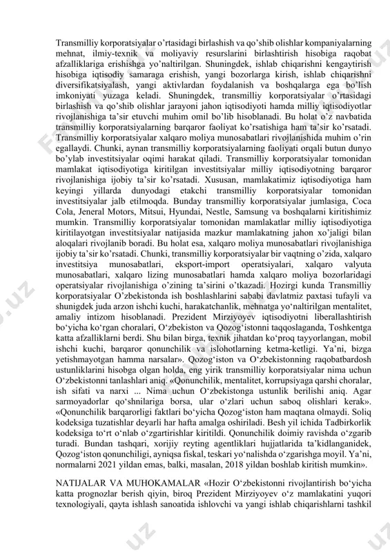 umlasidandir. transmilliy korporatsiya (tmk) — xorijiy aktivlarga ega boʻlgan, operatsiyalarining kamida 1/4 qismini mamlakat tashqarisida, oʻzi roʻyxatga olingan chet mamlakatda amalga oshiradigan yirik korporatsiya. tashkiliy jihatdan bosh kompaniya asosiy kapitalining shoʻʼba korxonalar kapitalida qatnashuvi tamoyiliga asoslanadi. jahon iqtisodiyotida globallashuv jarayonlarining kuchayib borishida transmilliy korporatsiyalar muhim o’rin tutadi, ya’ni aynan transmilliy korporatsiyalar globallashuv jarayonlarini harakatga keltiruvchi kuch sifatida qaraladi. chunki, transmilliy korporatsiyalar filiallarining dunyo mamlakatlari bo’ylab tarqalishi, mazkur mamlakatlar iqtisodiyotida ishlab chiqarishni rivojlanishiga hamda eksport hajmining oshishiga olib keladi. eksport-import operatsiyalarining rivojlanishi esa, o’z navbatida mamlakatlar iqtisodiyotining ochiqligini ta’minlaydi. transmilliy korporatsiyalarda kapitalining harakati, odatda, korporatsiya joylashgan davlatda bo’layotgan jarayonlardan mustaqil ravishda sodir bo’ladi. jahon iqtisodiyotida transmilliy korporatsiyalar yirik investitsiya va yuqori malakali mutaxasislarni talab qiluvchi yuqori texnologiyali, ilmtalab sohalarga kirib boradi. ushbu sohalarni transmilliy korporatsiyalar tomonidan monopoliya qilish tendentsiyasi ro’y bermoqda. transmilliy korporatsiyalar o’rtasidagi birlashish va qo’shib olishlar kompaniyalarning mehnat, ilmiy-texnik va moliyaviy resurslarini birlashtirish hisobiga raqobat afzalliklariga erishishga yo’naltirilgan. shuningdek, …