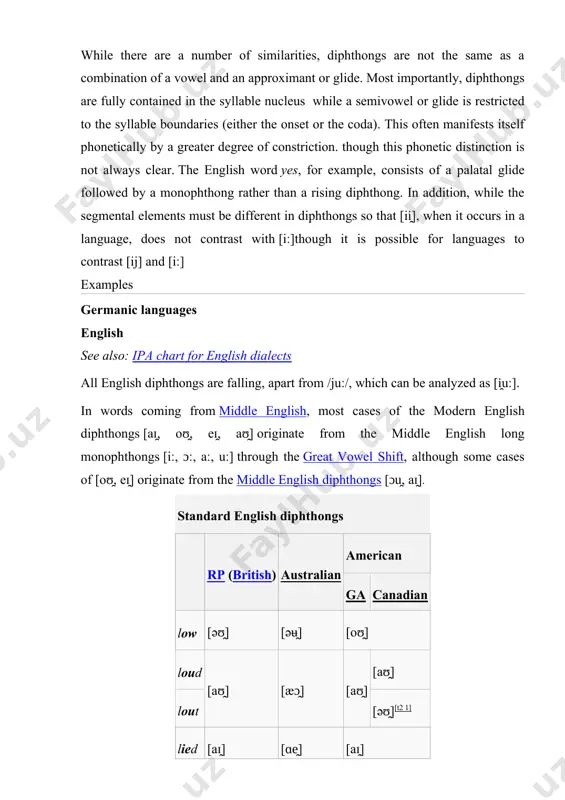 hthongs of dutch netherlandic belgian zeis [ɛɪ̯] ui [œʏ̯] zout [ʌʊ̯] [ɔʊ̯] beet[t1 1] [eɪ̯] [eː] neus[t1 1] [øʏ̯] [øː] boot[t1 1] [oʊ̯] [oː] 1. ^ a b c [eɪ̯], [øʏ̯], and [oʊ̯] are normally pronounced as closing diphthongs except before [ɾ] in the same word, in which case they are centering diphthongs: [eə̯], [øə̯], and [oə̯]. in many dialects, they are monophthongized (see verhoeven & van bael (2002) for more information). the dialect of hamont (in limburg) has five centring diphthongs and contrasts long and short forms of [ɛɪ̯], [œʏ̯], [ɔʊ̯], and [ɑʊ̯]. german standard german phonemic diphthongs in german: · /aɪ̯/ as in ei ‘egg’ · /aʊ̯/ as in maus ‘mouse’ · /ɔʏ̯/ as in neu ‘new’ in the varieties of german that vocalize the /r/ in the syllable coda, other diphthongal combinations may occur. these are only phonetic diphthongs, not phonemic diphthongs, since the vocalic pronunciation [ɐ̯] …