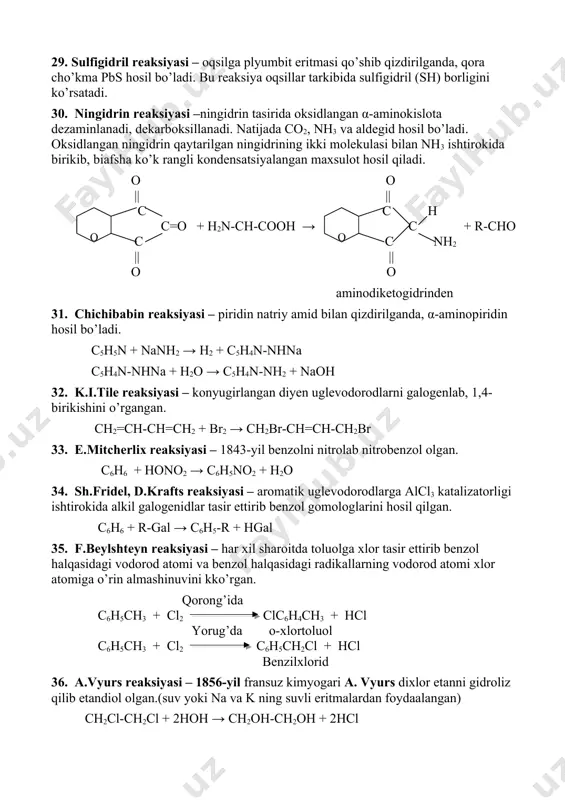 toluolga xlor tasir ettirib benzol halqasidagi vodorod atomi va benzol halqasidagi radikallarning vodorod atomi xlor atomiga o’rin almashinuvini kko’rgan. qorong’ida c6h5ch3 + cl2 clc6h4ch3 + hcl yorug’da o-xlortoluol c6h5ch3 + cl2 c6h5ch2cl + hcl benzilxlorid 36. a.vyurs reaksiyasi – 1856-yil fransuz kimyogari a. vyurs dixlor etanni gidroliz qilib etandiol olgan.(suv yoki na va k ning suvli eritmalardan foydaalangan) ch2cl-ch2cl + 2hoh → ch2oh-ch2oh + 2hcl 37. kannisaro reaksiyasi – aldegidlarga ishqorlar tasir ettirilganda shu aldegidga tegishli spirt va shu aldegidlardan hosil bo’lgan kislota tuzlarini hosil qiladi. 2ch3-cho + koh → ch3cook + c2h5oh 38. n.a.menshutkin reaksiyasi – karbon kislotalar bilan spirtlar reaksiyaga kirishib murakkab efirlar hosil qilish reaksiyasini o’rganga. r-cooh + r’-oh → r-coor’ + hoh 39. k.s.krixgof reaksiyasi – kraxmalni gidrolizlab fermentlar ishtirokida glukoza olgan. (c6h10o5)n → (c6h10o5)m → c12h22o11 → c6h12o6 kraxmal dekstrin maltoza glukoza. 40. a.v.gofman reaksiyasi – alkil galogenidlarga ammiak tasir ettirib, birlamchi, ikkilamchi va uchlamchi …