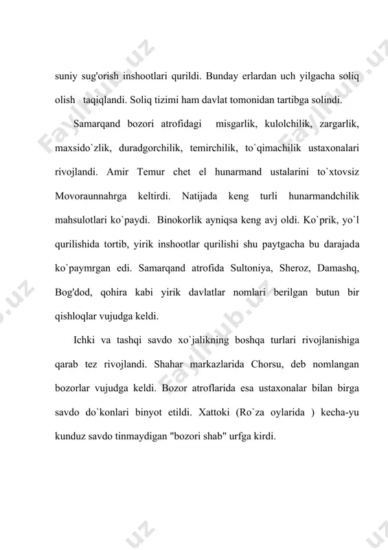 n naqqosh (1418-1422) uch yil davomida xirotdan pekingacha bo`lgan mashrut bo`ylab juda katta territoriyaning tarixi, aholisi, shaharlari va tabiati haqida ajoyib ma`lumot to`plagan. "uning xitoy tarixi" va "ajoyi ul latif" nomi balan mashxur kundaiklaridan iborat asarida o`rta osiyoning sharqiy qismi geografiyasiga oid boy materiallar bor. ulug'bekning istedodli shogirdi va olim ishning davomchisi ali qushchi (1403-1474) o`z davrining ptolemeyi nomini olishga muyassar bo`ldi. ali qushchi ulug'bekning fojiali o`limidan (1449) so`ng bir necha yil o`tgach, эron va turkiyaga ketib, astranomiya, geografiya va tematikaga oid ilmiy tadqiqodlarini o`sha erlarda davom ettirdi. adabiyotlar: 1. amir temur jaxon tarixida. t. 1996 yil. 2. ibin arabshox amir temur tarixi.1-2 kitobi. t. 1992 yil. 3. ibroximov n ibn batuta va uning o`rta osiyo sayoxati. t. 1993 yil. 4. mo`minov n amir temurning o`rta osiyo tarixida tutgan o`rni va roli. t.1993 yil. 5. temur tuzuklari. barcha nashrlari. 6. ulug`bek. to`rt ulus tarixi. 7. bobur. boburnoma. t. 1960 yil. …