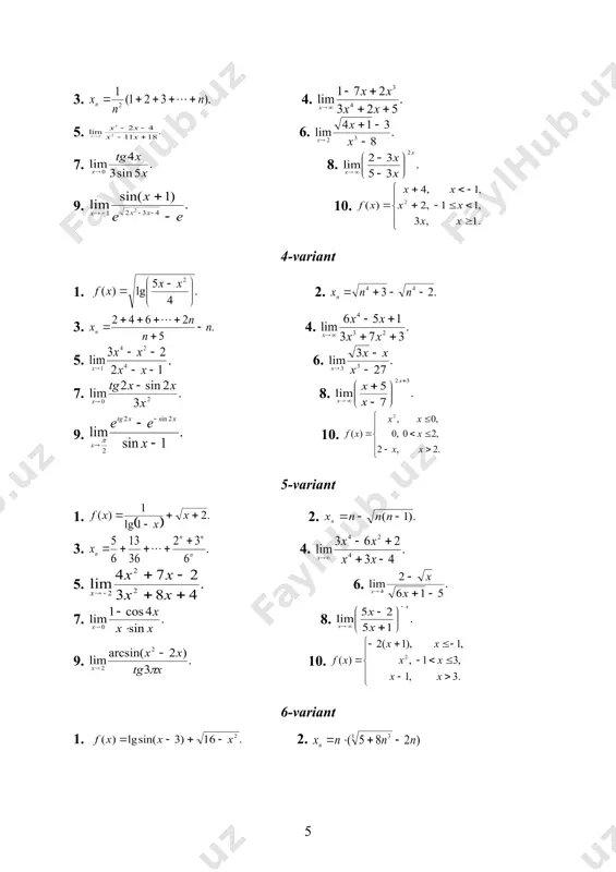 bed equation.3 , oraliqlarda funksiya uzluksiz. nuqtalarda funksiya analitik berilishni o‘zgartiradi. shu sababli, bu nuqtalarda funksiya uzilishga ega bo‘lishi mumkin. nuqtada: bundan demak, nuqtada funksiya uzluksiz. nuqtada: demak, sakrash nuqtasi va bu nuqtada funksiya birinchi tur uzilishga ega. funksiyaning sakrashi (1-shakl). 10.30. yechish. nuqtada: demak, nuqtada funksiya ikkinchi tur uzilishga ega. nuqtada: , demak, nuqtada funksiya uzluksiz. namunaviy variantning maple kmsda yechilishi 1.30. elementar funksiyalar (darajali funksiya, kasr ratsional funksiya, logarifmik funksiya) ning aniqlanish sohalarini inobatga olib, yechamiz: > > 2.30. > > > 3.30. berilgan ketma-ketlikda elementar almashtirishlar bajaramiz: embed equation.3 oxirgi ifodani yechamiz: > > > 4.30. > > > 5.30. > > > 6.30. > > > 7.30. . > > > 8.30. > > > 9.30. > > > 10.16(1). funksiya da aniqlangan. embed equation.3 , oraliqlarda funksiya uzluksiz. nuqtalarda funksiya analitik berilishni o‘zgartiradi. shu sababli, bu nuqtalarda funksiya uzilishga ega bo‘lishi mumkin > > > …
