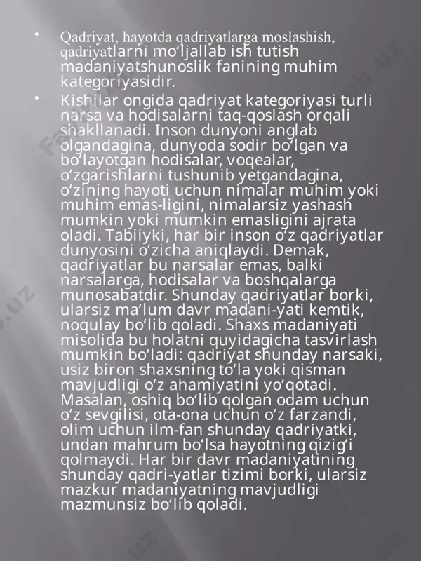 amal qilish doirasiga ko‘ra milliy, mintaqaviy va umum-insoniy turlarga ham bo‘linadi. milliy qadriyatlar murakkab ijtimoiy-ruhiy hodisa bo‘lib, u millatning genofondi, tili, turmush tarzi, madaniyati, tarixi, urf-odatlari, an’analari, mil-liy ongi, moddiy va ma’naviy boyliklari, iqtisodiy, ijtimoiy-siyosiy ha-yotining barcha jihatlarida namoyon bo‘ladi. o‘z milliy qadriyatiga ega bo‘lmagan millat yo‘q. milliy qadriyatlarning sohibi muayyan millatdir. millatning tanazzuli ayni holda milliy qadriyatlarning tanazzuli hamdir. har bir millat o‘z qadriyatlarini yaratuvchisi, asrab-avaylovchisi va kela-jakka yetkazuvchisi hamdir. millat siyosiy jarayonlar natijasida biror impe-riya yoki davlatga qaram bo‘lib qolganda ham o‘z milliy qadriyatlarini saq-lash tuyg‘usi yo‘qolib ketmaydi, milliy qadriyatlari ma’lum darajada saq-lanib qoladi. * o‘zbek xalqining boy, o‘ziga xos betakror milliy qadriyatlari bor, ular bir necha ming yillar davomida shakllangan. qadriyatlar dastlab mahalliy mazmunda, ya’ni xorazm, surxondaryo, buxoro, samarqand, toshkent, farg‘ona va hokazo hududlarda yashovchi aholiga xos urf-odatlar, rasm-rusumlar, marosimlar va hokazo tarzda shakllanadi. so‘ngra ularning eng muhimlari asrlar davomida saralanib, umummilliy qadriyatlar darajasiga ko‘tariladi. o‘zbek xalqiga …