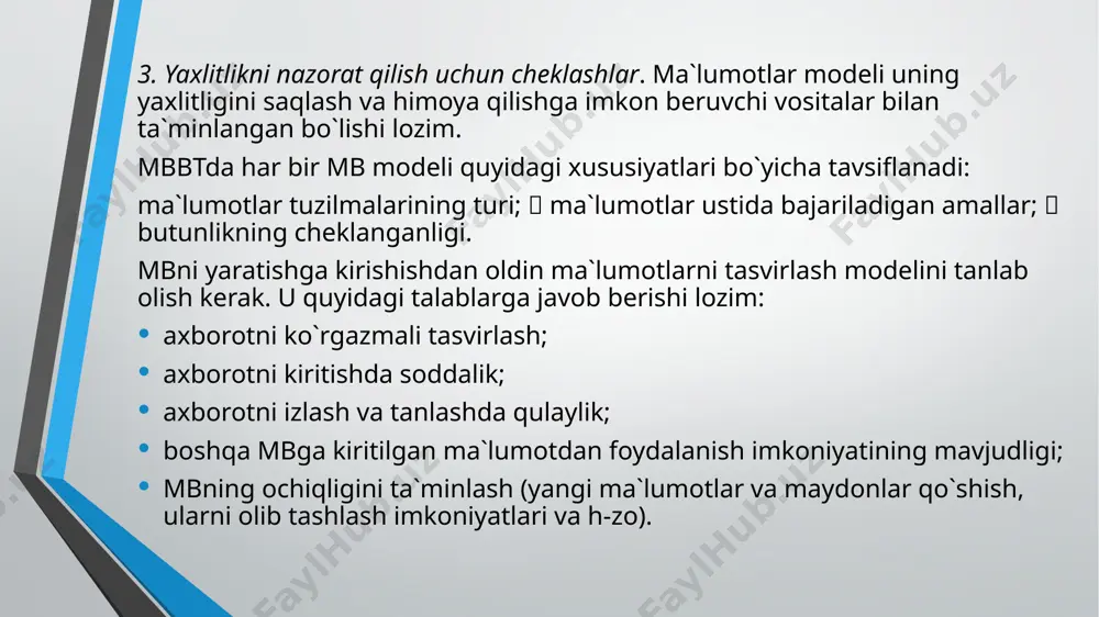 darjada tezkorlikka ega. to`plamlar jismoniy mb yozuvlariga ko`rsatkich sifatida ifodalangan. ayrim tizimlarda esa administratorlar munosabat to`plamlari asosida ma`lumotlarni klasterlash imkoniga ega. 2-misol. ta`lim muassasasidagi o`qituvchilar va talabalar orasidagi bog`liqlik kamchiliklari tarmoqli mb ham kamchiliklarga ega edi. iyerarxik mb singari tarmoqli mb ham juda qat`iydir. munosabatlar to`plami va yozuvlar tuzilmasi oldindan aniqlangan bo`lishi lozim. mb tuzilmasini o`zgartirish odatda butun mb ni qayta qurishga olib keladi. iyerarxik ma`lumotlar bazasi singari tarmoqli mb ham dasturchi instrumenti edi. masalan, “asme motors kompaniyasi qanday tovarga tez-tez buyurtma beryapti?” degan savolga javob berish uchun dasturchi mbdan ma`lumotlarni izlovchi dastur yozishi kerak edi. bunday so`rovlarni amalga oshirish haftalar yoki oylarni talab etardi. dasturda kerakli ma`lumot paydo bo`lganda esa u foydasiz bo`lib qolar edi. yana bitta qiziqarli savol javobi мумкин бўлган барча вариантларни қараб чиқиш керак: 1. 1*1*36 (1+1+36=38) 2. 1*2*18 (1+2+18=21) 3. 1*3*12 (1+3+12=16) 4. 1*4*9 (1+4+9=14) 5. 1*6*6 (1+6+6=13) 6. 2*2*9 (2+2+9=13) 7. 2*3*6 (2+3+6=11) 8. …