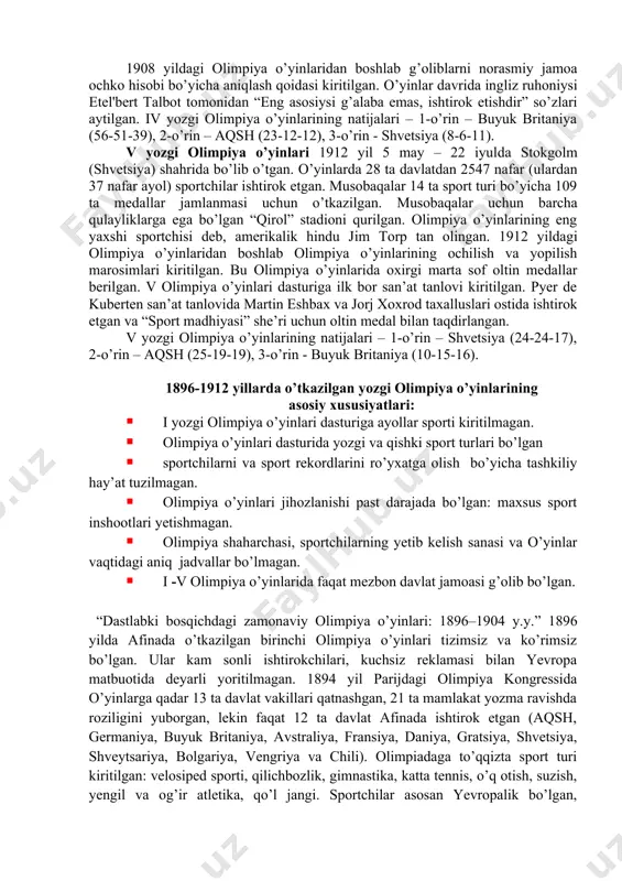 ka qit’asida bo’lganligi sababli juda kam sportchilar qatnashgan. yevropa, osiyo va avstraliya ko’p jamoalari moddiy qiyinchiliklar tufayli ishtirok etmagan. olimpiya o’yinlari jahon texnik ko’rgazmasi bilan bir vaqtga to’g’ri kelgan va o’yinlar ahamiyatini pasaytirgan, chunki tomoshabinlar ko’prok ko’rgazma bilan qiziqqan edi. olimpiya o’yinlarida 18 ta sport turidan 94 ta medallar komplekti uchun musobaqalar o’tkazilgan. eng yaxshi sport natijalarini amerikalik yengil atletikachilar rey yuri, archi xan, gimnastika bo’yicha anton xeyda (5 ta oltin), jorj eyser (3 ta oltin), velosport bo’yicha markus xarli (4 ta oltin) ko’rsatgan edi. 1904 yildagi olimpiya o’yinlaridan boshlab g’oliblarga oltin, kumush va bronza medallar berish an’anasi kiritilgan. iii yozgi olimpiya o’yinlarining natijalari – 1-o’rin – aqsh (78-82-78), 2-o’rin – germaniya (4-4-5), 3-o’rin - kuba (4-2-3) iv yozgi olimpiya o’yinlari 1908 yil 27 aprel – 29 oktabrda london shahrida (angliya) bo’lib o’tgan. o’yinlarda 22 ta davlatdan 2035 nafar (ulardan 37 nafar ayol) sportchilar ishtirok etgan. musobaqalar 22 ta sport …