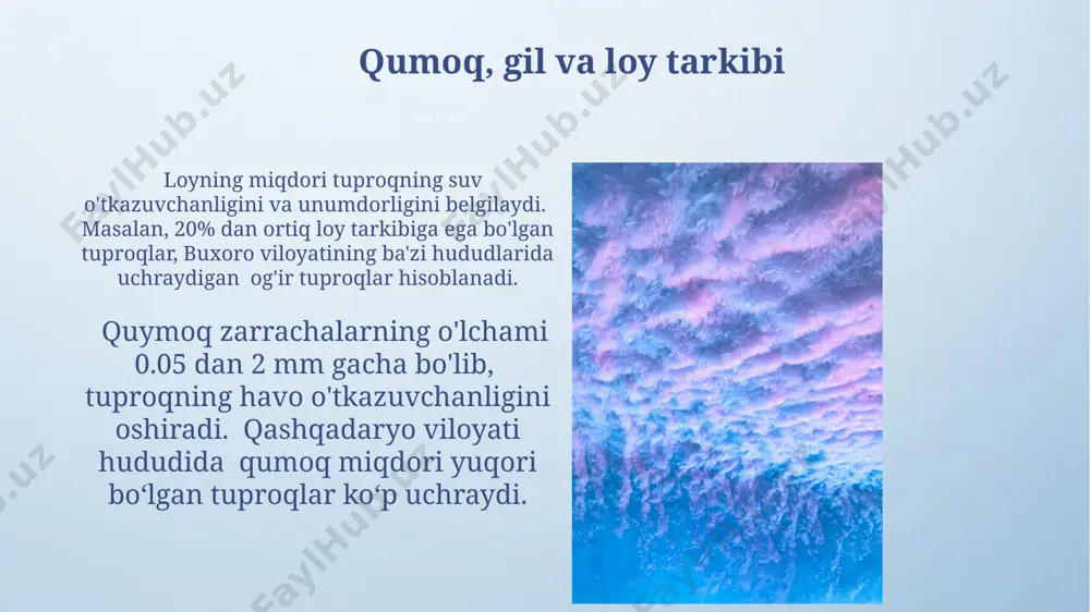 roqning eroziyasi toʻgʻri ekish texnologiyalarini qoʻllash orqali, masalan, togʻli hududlarda terasalar qurish yoʻli bilan, tuproq eroziyasini 30-40% ga kamaytirish mumkin. tuproq eroziyasining 70% gacha qismi oʻzbekistonning janubiy hududlarida, jumladan qashqadaryo viloyatida, yillik 300 mm dan kam yogʻingarchilik miqdori boʻlgan mintaqalarda kuzatiladi. tuproqning plastilligi va yopishqoqligi plastillik va yopishqoqlik ko'rsatkichlari, atterberg chegaralari (sıvı sınır, plastik sınır) orqali aniqlanadi, bu chegaralar 70% dan ortiq loy qatlamli tuproqlarda, masalan, qoraqalpog'iston respublikasidagi ba'zi hududlarda, keskin farq qiladi. tuproqning yopishqoqligi, uning mineralogik tarkibiga va zarracha o'lchamlariga bog'liq; 0,002 mm dan kichik zarrachalarga boy bo'lgan tuproqlarda, masalan, farg'ona vodiysidagi loy tuproqlarda, yopishqoqlik yuqori bo'ladi. tuproq mexanik tarkibini o'rganish usullari tuproq zarrachalari o'lchamlarini aniqlashda, atterberg chegaralari (suyuq, yopishqoq, qattiq holatlar) va mexanik tahlil usullari (elementak analizatorlar yordamida) qo‘llaniladi. tuproq namligini aniqlashda, o'zbekistonning turli hududlarida 100 gramm tuproq namunasini quritish usuli qo‘llaniladi, natijalar 0,1 gramm aniqlikda yoziladi. e'tiboringiz uchun rahmat @taqdimot_robot image4.png image5.jpg image6.jpg image7.jpg image8.jpg image9.jpg image10.jpg …
