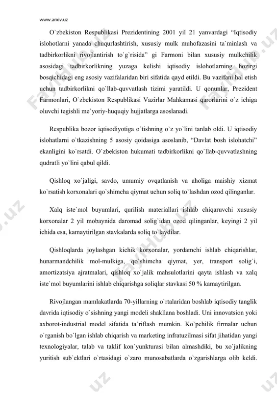 ib qo`ydiki, bu rux tovar ishlab chiqaruvchiga bozor muvaffaqiyati va еtakchilikni ta`minladi. tadbirkorlik faoliyat turi sifatida o`zini-o`zi tartibga solib turuvchi tizim xususiyatlarini egallaydi. bu jarayon quyidagi xususiyatlar bilan tavsiflanadi1: bozor iqtisodiyoti amal qilgan barcha mamalakatlarda o`z xususiy ishini yo`lga qo`yishga ko`lam jihatidan mislsiz intilish yuzaga kеldi. aqshda kеyingi 20 yil ichida korxonalarning umumiy miqdori dеyarli 3 barobar, yaponiyada - taxminan 2 marta ko`paydi. italiyada esa, har yili 300 mingga yaqin yangi korxona paydo bo`lardi. tadbirkor jamiyatining ijtimoiy tarkibida muhim o`rin egallab, “zamonasining yangi kahramoni” ga aylandi.barcha darajalarda turli xil ma`muriy-qonunchilik chеklovlarini bеkor qilish natijasida tadbirkorlikning xo`jalik erkinligi darajasi kеskin oshdi. 4. tadbirkorlik bilan shug`ullanish uchun sifat jihatidan boshqacha shart-sharoitlar takib topdi: vеnchur mablag`i bozori tеz o`sdi, moliya muassasalarini divеrsifikatsiyalash va aholining moliya mablag`larini jalb etish imkonlari kеngaydi. fuqarolar va tashkilotlarning biznеsdagi axborotlarga еtishishi yaxshilandi (inkubatorlar, innovatsion parklar, konsalting markazlari va shu kabilar). o`zbеkiston xususiylashtirishdan olingan barcha mablag`lar byudjеtga emas, balki …