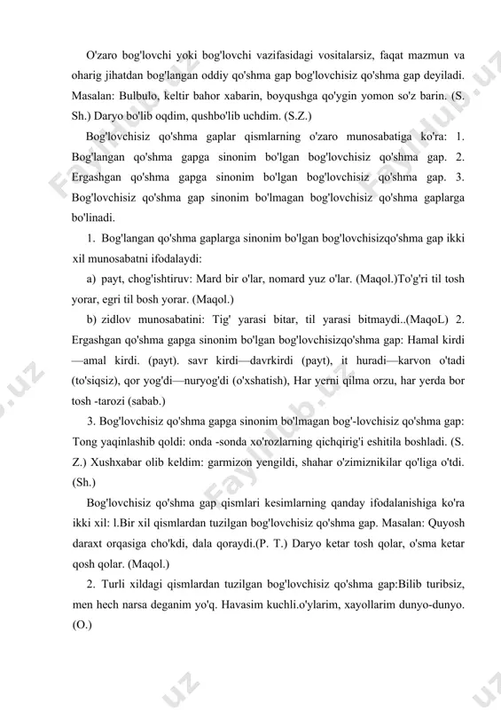 en hech narsa deganim yo'q. havasim kuchli.o'ylarim, xayollarim dunyo-dunyo. (o.) bog'lovchisiz qo'shma gaplarda tinish belgilarining ishlatilishi bog'lovchisiz qo'shma gaplarda tinish belgilari quyidagicha ishlatiladi: 1. bog'lovchisiz qo'shma gap tarkibidagi mazmun jihatdan bir-binga yaqin bo'lgan, bir paytda yoki ketma-ket bo'lgan voqea hodisalami ifodalagan sodda gaplar orasiga vergul qo'yiladi. masalan: sizning iste'dodingizni bilaman, sizga hurmatim hamisha baland. (o.) bog'dagi meva daraxtlari gullagan. havodan bol isi anqiydi. (m. osim.) tong otdi, quyosh charaqlab chiqdi. kecham tong otdi, kuldi bahorim. (qo'shiq.) kuy ayj ida uzilmasin tor, she'r avjida sinmasin qalam. (e.v.) 2. bog'lovchisiz qo'shma gap tarkibidagi sodda gaplar mazmunjihatidan qisman mustaqil bo'lsa, yoki vergul ishlatilgan bo'lsa,qo'shma gap tarkibidagi sodda gap bir-biridan nuqtali vergul bilanajratiladi. masalan: pag'a -pag'a mayin qor osmondan yog'ilib turadi; shamolning sekin, bo'g'iq guvillashi eshitiladi. (s.z.) shinel jiqqa ho'l, bektemirning yuzidan tomchilab quyilar edi. 3. bog'lovchisiz qo'shma gap tarkibidagi ikkinchi gap birinchigapning biror bo'lagini izohlasa, uning mazmunini to'ldirsa, soddagaplar orasiga ikki nuqta qo'yiladi. …