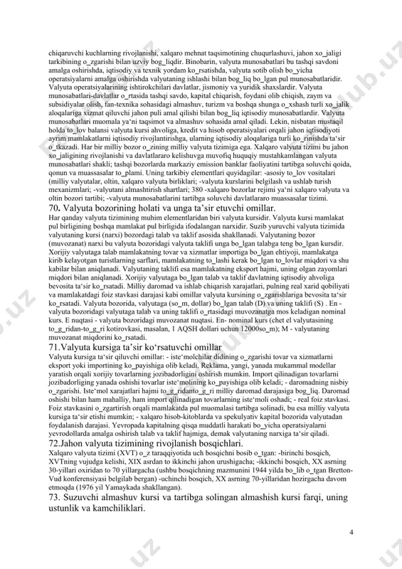 qtisodiy sohadagi hamkorlikning faollashuvi bilan birga keladi. 63.jahon mamlakatlarining iqtisodiy rivojlanish ko‘rsatkichlari. iqtisodiy hayotning baynalminallashuvi bilan bir qatorda globallashuvi jarayoni ham muhim o‗rin tutadi. bir tarafdan bu har ikkala tushuncha o‗zaro bog‗liq bo‗lib, ular jahon xo‗jaligi subyektlarining umumiy maqsadlarga erishish yo‗lidagi xatti-harakatlarining birlashuvi jarayonini aks ettiradi. biroq, ikkinchi tarafdan esa bu tushunchalar bir-biridan farq qilib, ular bir xilda bo‗lmagan xo‗jalik birlashmalari miqyoslarini ifodalaydilar. baynalminallashuv – bu jahon xo‗jaligining bir necha subyektlari 358 o‗rtasidagi o‗zaro aloqalarning o‗rnatilishi va rivojlanishining dastlabki bosqichidir. globallashuv (lotincha globus – yer kurrasi) jahon xo‗jaligining butun makonini qamrab oluvchi iqtisodiy munosabatlar yagona tarmog‗ining tashkil topishi va rivojlanishini anglatadi. globallashuv ijtimoiy hayotning barcha sohalarini (iqtisodiy, ijtimoiy, siyosiy, ma‘naviy) keskin baynalminallashishi bilan tavsiflanadigan jahon taraqqiyotining yangi bosqichidir. globallashuv jarayonining quyidagi yo‗nalishlarini ajratib ko‗rsatish mumkin: - mulkchilik munosabatlarining globallashuvi; - kooperatsiya va mehnat taqsimotining nisbatan yuqori darajasiga o‗tish; - xo‗jalikni tashkil etishning butunlay yangi shakllarining paydo bo‗lishi va rivojlanishi; - …