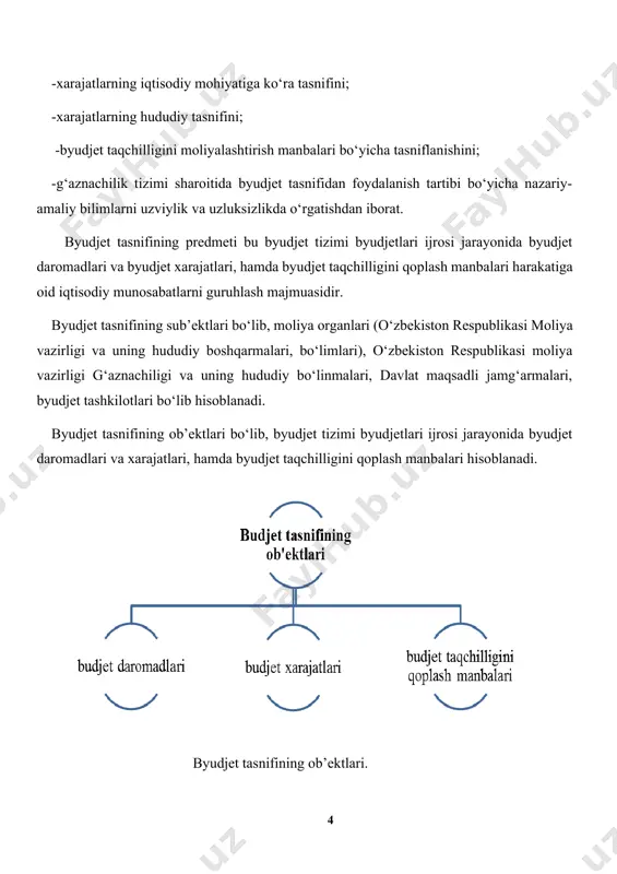 ishi; davlat byudjeti g‘azna ijrosi sharoitida byudjet tizimi byudjetlari daromadlari, xarajatlari va byudjet taqchilligini qoplash manbalari tasnifi asosida ularning hisobini tashkil etilishi va yuritilishi; byudjet tashkilotlarida soha xususiyatlari bo‘yicha daromadlar va harajatlar turlari kodlari asosida hisobni tashkil etilishi va boshqalar. “byudjet tasnifi” fanining ahamiyati byudjet jarayoning barcha bosqichlarida byudjet tizimi byudjetlari va davlat maqsadli jamg‘armalari ijrosini ta’minlashda byudjet tasnifidan foydalangan holda byudjetni loyihalash, ijro etish, hisobotlarni tayyorlashda byudjet tasnif ko‘rsatkichlaridan foydalaniladi. shu boisdan ham “byudjet tasnifi” fani respublikamizdagi byudjet tizimi byudjetlari va davlat maqsadli jamg‘armalari ijrosini tuzish, tashkil etish, boshqarish va nazorat qilishda muhim ahamiyat kasb etadi. “byudjet tasnifi” fani moliya sohasi bo‘yicha talabalarni o‘qitishdagi maxsus fan hisoblanadi. byudjet tasnifi fani boshqa iqtisodiy fanlar bilan, jumladan “byudjet tizimi”, “davlat byudjeti”, “byudjet hisobi” fanlari bilan bir qatorda o‘qitiladi. “byudjet tasnifi” fanining ahamiyati shundaki, byudjet tizimi byudjetlarni tuzish va ijro etish bo‘yicha asosiy metodologik hujjat bo‘lgan byudjet tasnifining amal qilish mexanizmlarini o‘rgatuvchi …