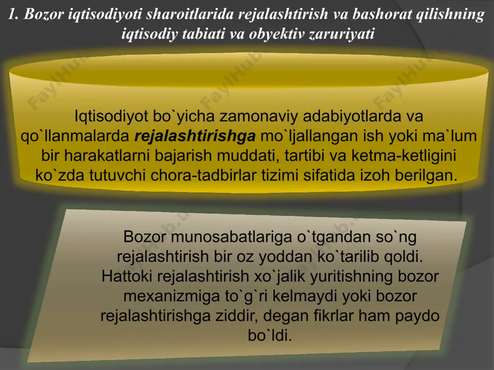 ng yuqori natijalarga erishish asosida yuritishni ko`zda tutadi. korxonalar faoliyati va iqtisodiyotda rejalashtirishdan tashqari bashorat qilish ham katta rol` o`ynaydi. bashorat qilish xo`jalik faoliyati yurituvchi subyektning istiqbolda yuzaga kelishi mumkin bo`lgan holatlarni ilmiy asoslagan holda avvaldan ko`ra bilishini ifodalaydi. bashorat qilish rejalashtirish tavsifida o`z aksini topadi: ishlab chiqarish va korxona iqtisodiy hayotining boshqa jihatlarini strategik rejalashtirish – o`rta va uzoq muddatli bashoratlar asosida hamda joriy rejalashtirish – qisqa muddatli bashoratlar asosida ishlab chiqiladi. bu yo`nalishlarning ikkalasi ham o`zaro uzviy aloqada bo`lib, ishlab chiqarish strategiyasini fan-texnika taraqqiyoti va hayotning real voqeligi bilan bog`laydi. bashoratning maqsadi – bozorga ta`sir qiluvchi omillarni, shu bilan birga, xo`jalikning umumiy ahvoli, tuzilmaviy siljishlar, investitsion faollik, fan-texnika taraqqiyotining iste`molchi va ishlab chiqaruvchilarga ta`sir ko`rsatishi, an`anaviy mahsulotlardan tashqari korxonaning barqarorligi va raqobatbardoshligiga olib keluv­chi «pioner» (yangi) mahsulot ishlab chiqarish istiqbolida yuzaga kelishi mumkin bo`lgan holatlarini belgilashdadir. 7 hp (h) - hp (h) - 2. korxonalarda rejalashtirish va bashorat …