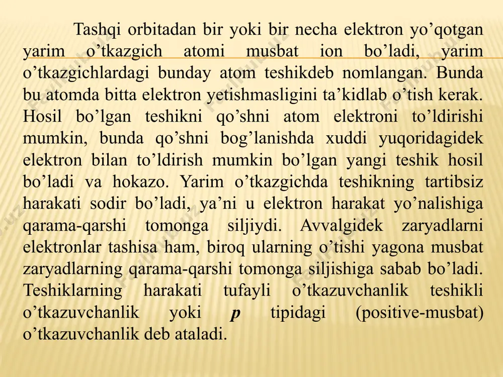 uchlanish stabilizatorlari (stabilitronlar) sifatida foydalaniladi. diodning tuzilishi murakkab emas. odatda germaniy monokristal plastinkasiga aralashma indiy tomchisi, kremniy plastinkasiga alyuminiy tomchisi suyuqlantirib yopishtiriladi (5.3 - rasm). bu moddalarni biriktirishda boshqa usul-diffuziyadan ham foydalaniladi. bunday xollarda suyuq yoki gazsimon aralashma yuqori bosim ostida va yuqori temperaturada yarim o’tkazgich plastinasiga singiydi. ko’rsatilgan birikmalar natijasida sohalar chegarasida n - p - o’tish hosil bo’ladi. indiy elektrodidan germaniydan iborat yarim o’tkazgich plastinasi tomon yo’nalish tokning to’g’ri yo’nalishi bo’ladi. bu yerda aralashma elementi anod, yarim o’tkazgich plastinasi esa katod vazifasini bajaradi. 2-rasm. yarim o’tkazgichli diod. a-tuzilish sxemasi; b-ulash sxemasi; v-stabilitronni ulash sxemasi; 1-elektron o’tkazuvchanlikli germaniy; 2-teshikli o’tkazuvchanlikli germaniy; 3-indiy. kuchlanish stabillashganda o’tishning teshilishi sodir bo’ladi va tok keskin ko’payadi. bunda kuchlanish qaytadan taqsimlanadi va uning ortiqchasi so’ndiruvchi rezistor rs yordamida yutiladi. natijada kuchlanishning oshishi to’xtaydi va nagruzka ri da u nominal qiymatga ega bo’ladi. 3. yarim o’tkazgichli triodlar yarim o’tkazgichli triodlar yoki tranzistorlar ikkita yarim o’tkazgichli …