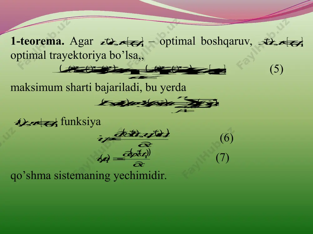 a (maksheyn variatsiyasi) deyiladi. bu variatsiya v,, parametrlarga bog’liq bo’lib, 0,[,),,[,)vtutvutt (19) ko’rinishga ega.  u 0 t 0 u  + t 1  u 4. trayektoriyaning “ignasimon” variatsiyaga mos orttirmasi. agar  tuu boshqaruvga (19) ko’rinishdagi  tu v  “ignasimon” variatsiya berilsa,  txx trayektoriyaning  tx v  orttirmasi qanoatlantiradigan 0,,,,,0xfxxutfxutxt tenglama, quyidagi ikkita tenglamaga ajraladi: 001,,,,,0,xfxxutfxutxttttt (20) ,,,,,xfxxvtfxutt (21)  0 0 tx bo’lgani uchun     tttx v 00 ,0 funksiya (50) tenglamaning  , 0 t oraliqdan yagona yechimidir. shunday qilib, (21) tenglama uchun boshlang’ich shart  ,0  x v bo’ladi. shuning uchun (21) tenglama integral tenglama shaklida quyidagicha yo ziladi: 0,,,,txtfxxvfxud (22)  tuxf,, funksiyaning  tx trayektoriya biror  – atrofidagi lipshis o’zgarmasi  ll bo’lsin, ya’ni ,,,,fxxvtfxutlx (23) tengsizlik bajarilsin. u vaqtda (22) tenglamadan 101100,,,,,,vxtfxxvfxudfxudlxd (24) kelib chiqadi, bu yerda   ,,,,,, uxfvxfuxf v  . …