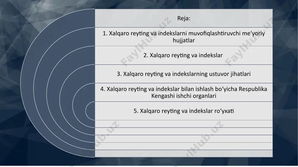 arning ustuvor jihatlari - jahon miqyosida o‘zbekiston nufuzini oshiradi, mavqeini mustahkamlaydi, shaffoflikni ta'minlaydi. - xalqaro reyting va indekslar har bir mamlakatning rivojlanish jarayonini o‘zida namoyon etib, davlat boshqaruvi sifati, aholining turmush darajasi, inson huquqlari muhofazasi, tadbirkorlik faoliyati va xorijiy investorlar uchun qulay muhit, barqaror iqtisodiy o‘sish va raqobatbardoshlik kabi muhim jihatlarning ko‘zgusidir. - reytinglar va indekslar davlatlar o‘rtasidagi raqobatni kuchaytiradi: 1. iqtisodiy erkinlik indeksida o‘rni olayotgan mamlakatlarda kambag‘allik darajasi pasayadi; 2. iqtisodiy erkinlik indeksida ijobiy natijalar ko‘rsatayotgan iqtisodiyotlar malakali ta'lim olish tizimi, sog‘liqni saqlashni yaxshilash va o‘z fuqarolari uchun yuqori darajadagi turmush darajasiga asos bo‘ladi. - xalqaro ijtimoiy-iqtisodiy sohalarga oid reytinglar mamlakatning rivojlanganlik darajasi va amalga oshirilayotgan islohotlarning samaradorligini ko‘rsatadi. - aholi yuritilayotgan ijtimoiy-iqtisodiy siyosat va islohotlardan qanchalik rozi bo‘lsa, turli reyting va indekslardagi o‘rni o‘z-o‘zidan oshib boraveradi. xalqaro reyting va indekslar bilan ishlash bo‘yicha respublika kengashi ishchi organlari 1. ijtimoiy-iqtisodiy sohalar bo‘yicha (moliya vazirligi). 2. siyosiy-huquqiy sohalar bo‘yicha (adliya …