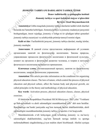 jismoniy tarbiyani darslarini tashkil etish — DOCX