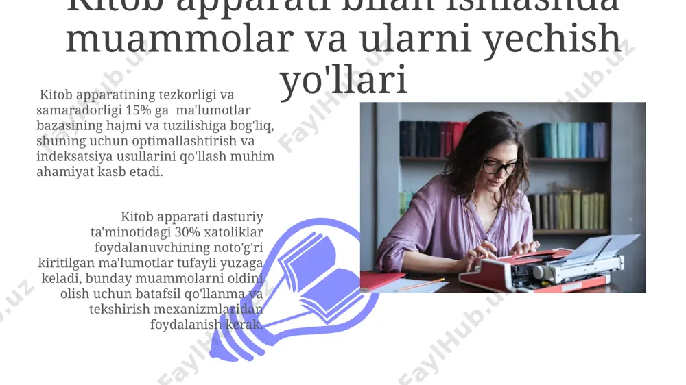 i, jumladan, 19-asrga oid noyob nashrlar haqidagi ma'lumotlarni taqdim etadi. kitob apparati va zamonaviy texnologiyalar bulutli texnologiyalar kitob apparatlarida ma'lumotlarni saqlash va ulardan foydalanish imkoniyatlarini kengaytirib, 30 dan ortiq foydalanuvchiga bir vaqtning o'zida kirish imkoniyatini ta'minlaydi. zamonaviy ocr texnologiyalari kitob apparatlarida qo'llanilib, matnni raqamlashtirish tezligini 10 baravarga oshirish va xatolik darajasini 1% dan kamga tushirish imkonini beradi. kitob apparati bilan ishlash samaradorligini oshirish kitob apparati samaradorligini 20% ga oshirish uchun avtomatlashtirilgan kataloglashtirish tizimlaridan foydalanish va metadata standartlariga rioya qilish muhim. kitob apparati ishining samaradorligini kuchaytirish uchun kamida 3 nafar malakali mutaxassisni jalb qilish va ularning ishini muntazam ravishda baholash kerak. kitob apparatini takomillashtirish yo'llari 01 02 kitob apparatining samaradorligini 20% ga oshirish uchun zamonaviy raqamli texnologiyalarni, masalan, bulutli xizmatlar va sun'iy intellektni qo'llash kerak. sales 1st qtr 2nd qtr 100 0 sales 1st qtr 2nd qtr 100 0 kataloglar va bibliografiyalar bilan ishlash bibliografiyalar adabiyotlar ro'yxatini taqdim etadi, ularning 90% …
