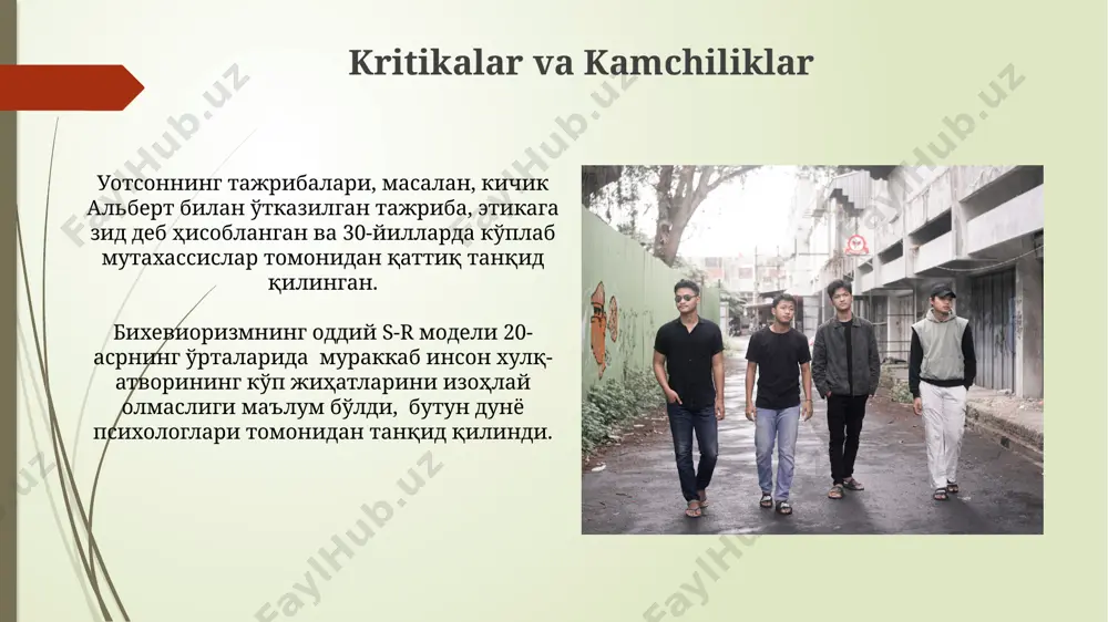 angicha yondashuvlarni olib keldi. biheviorizmning asosiy tamoyillari, masalan, mustahkamlash va jazolash, hozirgi kunda 3 yoshdan 7 yoshgacha bo'lgan bolalarni tarbiyalashda dunyoning turli burchaklarida, shu jumladan o'zbekistonda ham qo'llaniladi. stimul va reaksiya votsonning stimul-reaksiya (s-r) nazariyasi 1920-yillarda aqshda paydo bo'lib, murakkab xulq-atvorni sodda stimul-reaksiya zanjirlari orqali tushuntirishga harakat qildi, bu esa o'rganish jarayonida 3 ta asosiy elementni – stimul, reaksiya va ulardagi bog'lanishni ta'kidladi. s-r printsiplari, masalan, klassik va operant shartlashtirish, reklamalarda va boshqa marketing strategiyalarida 50 yildan ortiq vaqt davomida qo'llanilib kelinmoqda, bu esa iste'molchilarning xulq-atvorini oldindan aytib berish va ma'lum bir mahsulotlarga bo'lgan munosabatlarini shakllantirish imkonini beradi. xulosa va kelajakdagi tadqiqotlar o'zbekiston sharoitida votson biheviorizmini qo'llash imkoniyatlarini o'rganish uchun kamida 150 nafar ishtirokchi bilan 2 ta turli hududda (toshkent va samarqand) eksperimental tadqiqotlar o'tkazish zarur. kelajakdagi tadqiqotlar votson nazariyasining murakkab kognitiv jarayonlarga ta'sirini, masalan, 10 yoshli bolalarda 3 ta turli muhitdagi xulq-atvorini aniqlashga qaratilishi mumkin. genetika va atrof-muhitning ta'siri …