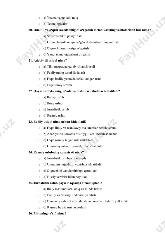 chun · d) faqat axborot berish uchun 29. ilmiy matn qanday xususiyatga ega? · a) o‘quvchini zavqlantirishga xizmat qiladi · b) faqat o‘zaro bahs-munozara o‘tkazish uchun · c) faktlar, dalillar va ilmiy ma'lumotlar asosida tuziladi · d) faqat shaxsiy fikrlarni bildiradi 30. rasmiy matnning misoliga nima kiradi? · a) hikoya va romanlar · b) qarorlar va qonunlar · c) diniy kitoblar · d) film ssenariylari 31. ko‘chirma gapni qanday aniqlash mumkin? · a) gapda boshqalarning so‘zlari tirnoqda keltirilgan bo‘lsa · b) gapda faqat o‘z so‘zlari ishlatilgan bo‘lsa · c) gapda faqat bir fe'l ishlatilgan bo‘lsa · d) gapda bog‘lovchilar bo‘lsa 32. o‘zga gapda qanday o‘zgarishlar bo‘ladi? · a) so‘zlar o‘zgarmaydi · b) so‘zlar zamon va shaxs bo‘yicha o‘zgaradi · c) faqat fe'l o‘zgartiriladi · d) so‘zlar o‘zgarmaydi, faqat tirnoq ichiga olinadi 33. "u dedi: 'men kechikdim'" gapida qanday turdagi gap ishlatilgan? · a) ko‘chirma gap · b) o‘zga gap · …