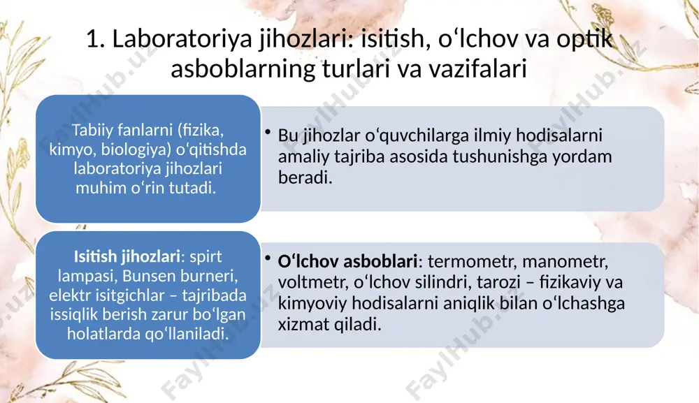 . 3. tabiiy fan darslarini loyihalash usullari tabiiy fan darslarini samarali tashkil etish uchun darsni rejalashtirish muhim. loyihalash – bu dars mazmunini, metodlarini, vositalarini va baholash shakllarini oldindan belgilash jarayonidir. dars loyihalashda quyidagi usullar qo‘llaniladi: maqsadga yo‘naltirilgan yondashuv – darsning maqsadi aniq belgilab olinadi. problemali yondashuv – o‘quvchilarda savollar tug‘diradigan holatlar yaratiladi. tadqiqotga asoslangan yondashuv – laboratoriya ishlari, tajribalar orqali dars o‘tiladi. integratsiyalashgan yondashuv – turli fanlar (masalan, biologiya va fizika) bog‘lanadi. multimedia va raqamli texnologiyalar – interaktiv taqdimotlar va virtual tajribalar bilan darsni boyitish. darsni oldindan loyihalash o‘qituvchining ishini yengillashtiradi va o‘quvchilarning bilimni mustahkamlashiga xizmat qiladi. xulosa tabiiy fanlarni o‘qitishda laboratoriya jihozlari va ko‘rgazmali qurollardan samarali foydalanish o‘quvchilarning bilimlarni chuqur o‘zlashtirishi va amaliy ko‘nikmalarini rivojlantirishda muhim rol o‘ynaydi. isitish, o‘lchov va optik asboblar orqali o‘tkaziladigan tajribalar o‘quvchilarda ilmiy fikrlashni shakllantiradi. ko‘rgazmali vositalar esa mavzuni ko‘z bilan ko‘rib, idrok etishga yordam beradi. tabiiy fan darslarini puxta loyihalash esa bu vositalardan …
