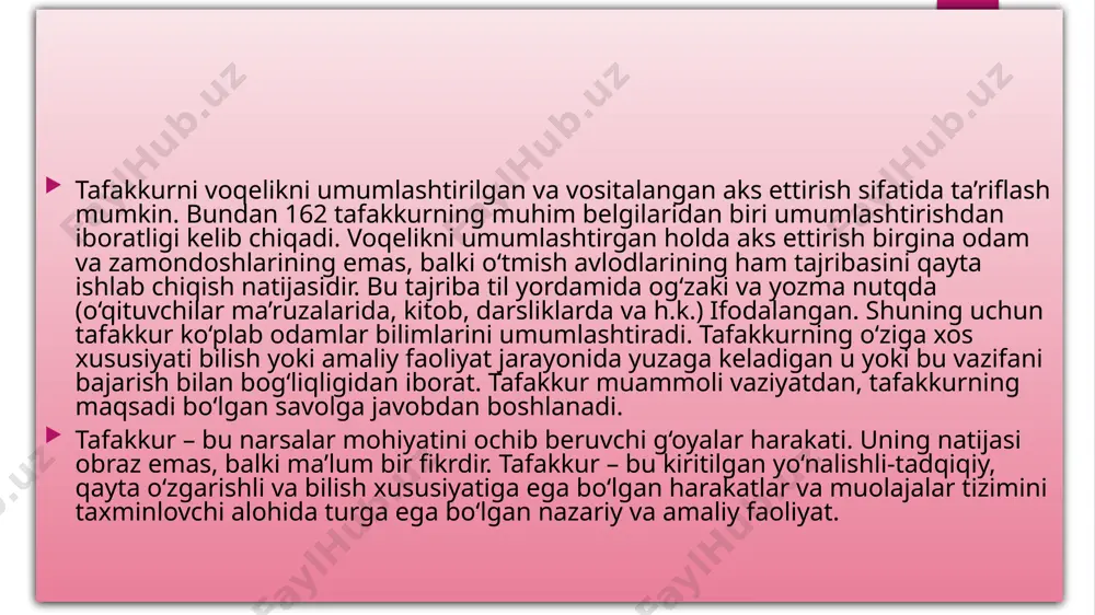 ik (lot. – tanlash, tanlanish) – ma’lum vaziyat uchun zarur bo‘lgan bilimlarni tanlash, barcha imkoniyatga ega bo‘lgan holatlarni chetlab o‘tgan holda ularni muammoni hal etishga safarbar qilish. 5. antitsipatsiya (lat. – oldindan sezish) voqealar rivojini oldindan ko‘ra bilish, oldindan sezishni bildiradi. inson voqealar rivojini oldindan ko‘ra bilish, ularning natijalarini bashorat qilish, muammo yechimining ehtimolligi chizmasini tasavvur qilish qobiliyatiga ega 6. tafakkur refleksivligi. fikrlovchi subyekt doimiy refleksiya holatida bo‘ladi, o‘z mulohazalarini aks ettiradi, ularni tanqidiy baholaydi, o‘zini baholash mezonlarini ishlab chiqadi. refleksiya deb subyektning o‘zini aks ettirishi bilan birga muloqotda bo‘ladigan sheriklarini ham o‘zaro aks ettirishiga aytiladi. tafakkur mazmundorligi deganda insoning tevarakatrofdagi moddiy voqelik to‘g‘risida ongda qay miqdorda, ko‘lamda mulohazalar, muhokamalar, fikrlar, muammolar, tushunchalar joy olganligi nazarda tutiladi. insonda sanab o‘tilgan xarakterdagi g‘oyalar to‘lib-toshsa, shunchalik tafakkur mazmundor bo‘ladi. kishilar bir-birlaridan birinchi navbatda tafakkurning mazmundorligi bilan tafovutlanadi tafakkurning chuqurligi deganimizda moddiy dunyodagi narsa-hodisalarning asosiy qonunlari, qonuniyatlari, xossalari, sifatlari ularning o‘zaro bog‘lanishlari, munosabatlari, …