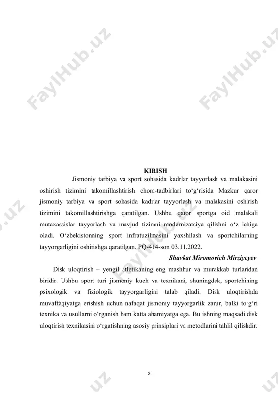 lantirishga katta e’tibor qaratish kerak. disk uloqtirishning asosiy turlarini o‘rgatishda, har bir sportchining individual xususiyatlarini hisobga olish zarur, chunki har bir sportchining jismoniy salohiyati va texnik ko‘nikmalari farq qiladi. bu borada, sportchining muvaffaqiyatiga erishish uchun aniq va samarali metodlar qo‘llanilishi zarur. disk uloqtirish texnikasini o‘rgatishda yuqori darajadagi o‘qitish metodikasi, sportchining tayyorgarlik jarayonini to‘g‘ri yo‘lga qo‘yish va muvaffaqiyatli natijalarga erishishga yordam beradi.disk uloqtirishda sportchilarning jismoniy salohiyatini va texnik mahoratini rivojlantirish uchun maxsus mashqlarni bajarish zarur. shu bilan birga, texnikani mukammal o‘zlashtirish sportchining psixologik holati va motivatsiyasiga ham bevosita bog‘liq. disk uloqtirishda muvaffaqiyatga erishish nafaqat kuch, balki yuqori darajadagi psixologik va emosional tayyorgarlikni ham talab qiladi. sportchilarning ruhiy holatini boshqarish, stressni kamaytirish, o‘ziga ishonchini oshirish va maqsadga erishishga intilishni rag‘batlantirish musobaqalarda muvaffaqiyatni ta’minlaydi. shu sababli, disk uloqtirish texnikasini o‘rgatish jarayonida psixologik tayyorgarlik ham muhim ahamiyatga ega. mavzuning dolzarbligi: disk uloqtirish yengil atletikaning asosiy turlaridan biri bo‘lib, u nafaqat jismoniy salohiyatni, balki yuqori …