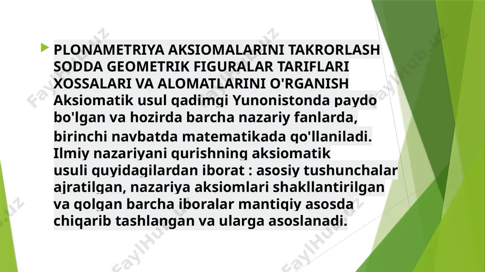 yoki aksiomatikadan kelib chiqamiz . ushbu aksiomalar geometrik tizimning asosiy tushunchalarining xususiyatlarini tavsiflaydi va biz aksiyomalarda ko'rsatilgan xususiyatlarga ega bo'lgan har qanday tabiat ob'ektlari shaklida asosiy tushunchalarni ifodalashimiz mumkin . birinchi geometrik bayonlarni shakllantirish va isbotlashdan so'ng , boshqalarning yordami bilan ba'zi iboralarni (teoremalarni) isbotlash mumkin bo'ladi . ko'p teoremalarning isboti pifagor va demokritga tegishli. xios gippokratiga ta'riflar va aksiomalarga asoslanib geometriyada birinchi tizimli kursni tuzish topshirilgan . ushbu kurs va undan keyingi ishlov berish "elementlar" deb nomlandi. keyin, iii asrda. miloddan avvalgi yilda aleksandriya bir bor edi "ishga tushirish" rossiya tarjima, shu nom bilan yevklid kitobi. lotin nomi "boshlanish" dan"elementar geometriya" atamasi paydo bo'ldi . qaramay asarlari evklid o'tmishdoshlari bizni etib bormadi, biz yevklid boshlanishi "," bu ishlar haqida ba'zi fikr shakllanishi mumkin. "boshlang'ichlar" da boshqa bo'limlar bilan mantiqan kam bog'liq bo'lgan bo'limlar mavjud. ularning tashqi ko'rinishi, ular an'analarga muvofiq tanilganligi va evkliddan oldingi avlodlarning "boshlanishlari" ni nusxalashlari bilan …