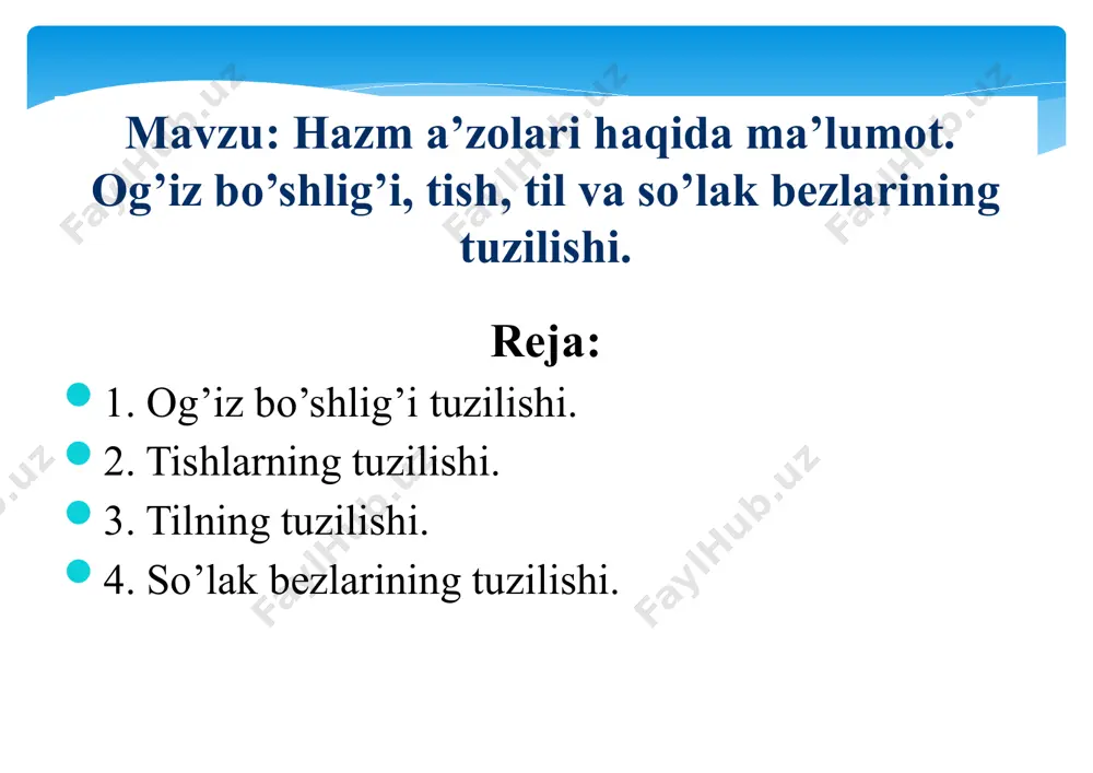 rum yuqori jag` suyagi tanglay o`sig`i (processus palatinus os maxillae) va tanglay suyagi gorizantal plastinkasi (lamina horizontales os palatina ) dan hosil bo`ladi o`rta chiziqda rahpe palatinae tanglay chokini hosil qiladi tanglay chokining old tomonida medial kurak tishlar sohasida papilla incisiva joylashgan. yumshoq tanglay-palatum molle qattiq tanglayning davomi bo`lib muskul qavatdan iborat oraqa qismi pastga tushib tanglay chodiri (vellum palatinum) ni hosil qiladi har ikki tomonda tanglay chodiri ikkita yoy hosil qiladi -oldingi tanglay til ravog`i (arcus palatoglossus ) -orqa tanglay halqum ravog`i (arcus palatapharengius ) tanglay-palatinum tishlar (dentes) vazifalari oziqni ishlash va maydalash artikulatsiyada ishtirok etish so’z bo’g’inlarini hosil qilish yuzga chiroy beradi. tishlar 1-kurak tishlari 2-qoziq tishlari 3-kichik oziq tishlari 4-katta oziq tishlari doimiy tishlarning joylashish tartibi corona dentis cervix dentis radix dentis tishning tuzilishi tish yuzalari til (lingua, grekcha- glossa) vazifasi ta`m bilish oziqni aralashtirish oziqni surish nutq til yuzasi til muskullari so’lak bezlari og’iz bo’shlig’i yirik …