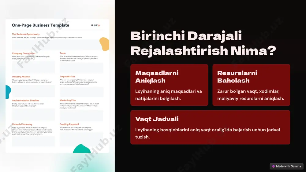 project loyiha boshqaruv dasturi asana vazifalarni boshqarish dasturi trello kanban usuli asosidagi rejalashtirish vositasi jira dasturiy ta'minot ishlab chiqarish uchun rejalashtirish va boshqaruv vositasi birinchi darajali rejalashtirish ustidan nazorat vaqt jadvali loyihaning bajarilishini vaqt jadvali bilan taqqoslash. resurslar resurslarning ishlatilishini kuzatish va kerak bo'lganda tuzatish. xatarlar mumkin bo'lgan xatarlarni kuzatish va ularga tegishli choralar ko'rish. xulosa va tavsiyalar birinchi darajali rejalashtirish loyihalarni muvaffaqiyatli amalga oshirish uchun juda muhim. rejani aniq va batafsil tuzish, resurslarni samarali taqsimlash va nazoratni muntazam amalga oshirish muvaffaqiyatga erishishga yordam beradi. image1.png image2.png image3.png image4.png image5.png image6.png image7.png image8.png image9.png image10.png image11.png image12.png image13.png image14.png