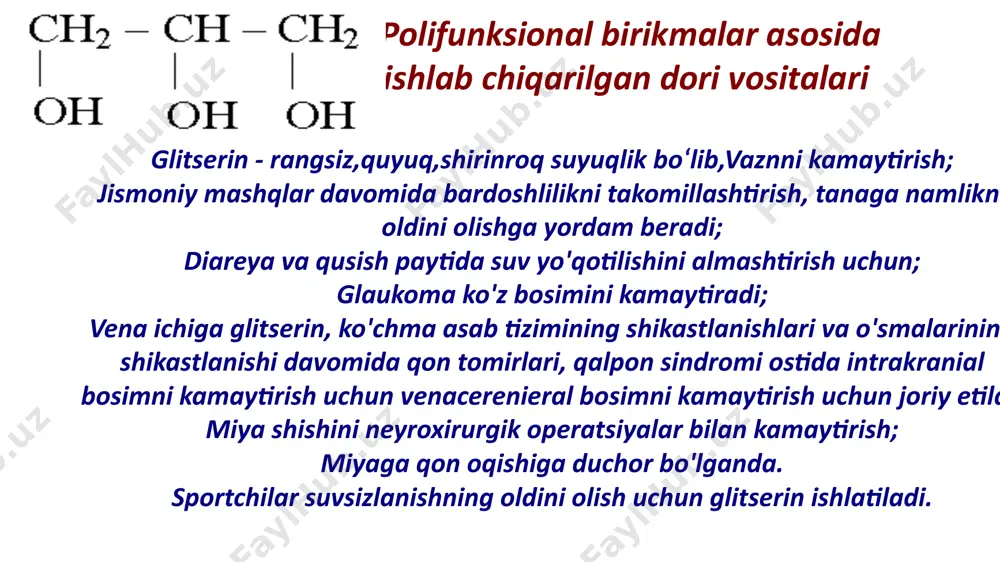 atomlarida — oh guruhi tutgan birikmalar esa fenollar deyiladi. uglevodorod radikalining tavsifiga koʻra, sipirtlar atsiklik yoki alifatik (mas, metil spirt, etil spirt, allil spirt), alitsiklik (siklogeksayogʻ aromatik (benzil spirt) va geterotsiklik boʻlishi mumkin. molekulasidagi — oh guruhining soniga qarab, bir atomli (alkogollar), ikki atomli (glikollar), uch atomli (k,. glitserin), toʻrt atomli (penta eritrit) va boshqa koʻp atomli spirtlar (geksitlar, ksilitlar) boʻladi. s.dagi — oh guruxlari birlamchi (sn2oh), ikkilamchi (>snoh) va uchlamchi (> s—oh) uglerod atomlari bilan birikkan boʻlishi mumkin. shu sababli bir atomli. birlamchi, ikkilamchi va uchlamchi xillarga boʻlinadi. spirtlarning nomenklaturasi va izomeriyasi. spirtlarning nomi radikallar nomiga, shuningdek uglevodorodlar nomiga -ol qo'­ shimcha qo'shish (xalqaro nomi) bilan hosil qilinadi: c h 3oh — metil spirt yoki m etanol, c2h 5oh — etil spirt yoki etanol, c3h7oh — propil spirt yoki propanol va h.k. bu spirtlar gomologik qatorni hosil qiladi, chunki ular molekulalarining tarkibi jihatidan bir-biridan gomologik farq bilan farqlanadi. gomologik …