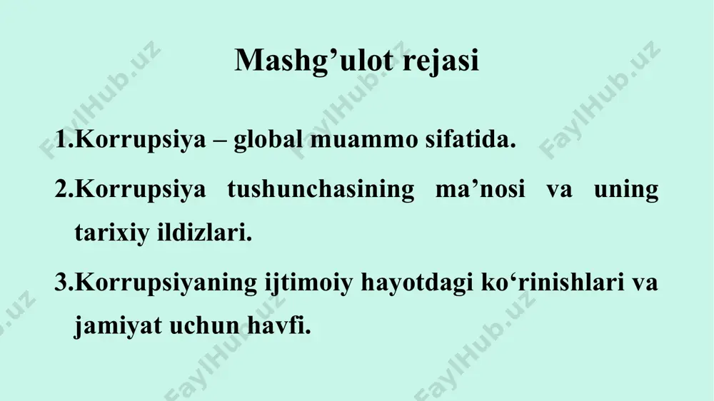 fatida tan olishgan. h.makiavelli esa uni davlatning fuqarolar fazilatlarini (fuqarolikni) buzuvchi umumiy illatidan dalolat beradigan omil deb hisoblagan. sh.montesk’e “yaxshi siyosiy tartib va yoki tizimni yaroqsiz holga keltiradigan jarayon” deya ta’riflaydi korrupsiya – jamiyatni tirli yo‘llar bilan iskanjaga oluvchi dahshatli illat. u demokratiya va huquq ustuvorligi asoslariga putur yetkazadi, inson huquqlari buzilishiga olib keladi, bozorlar faoliyatiga to‘sqinlik qiladi, hayot sifatini yomonlashtiradi va odamlar xavfsizligiga tahdid soladigan uyushgan jiniyatchilik, terrorizm va boshqa salbiy illatlar ildiz otishiga sharoit yaratib beradi. xx asrning 2-yarmiga kelib korrupsiya xalqaro muammoga aylandi. 1994 yilning 31 dekabrida “finansial times” gazetasi dunyo aholisining korrupsiyaga oid savodxonligini oshirish maqsadida 1995 yilni “korrupsiyaga qarshi kurash yili” deb e’lon qildi. 2003 yil 9 dekabr kuni bmt ning korrupsiyaga qarshi kurash konvensiyasi qabul qilindi. 2008 yil 7 iyul kuni nyu yorkda “o‘zbekiston respublikasining bmtning korrupsiyaga qarshi kurash konvensiyasiga qo‘shilish to‘g‘risida”gi qonuni imzolandi. korrupsiya lobbizm (monopoliyalarning qonunchilik organlari va amaldorlarga tazyiq oʻtkazish bilan …