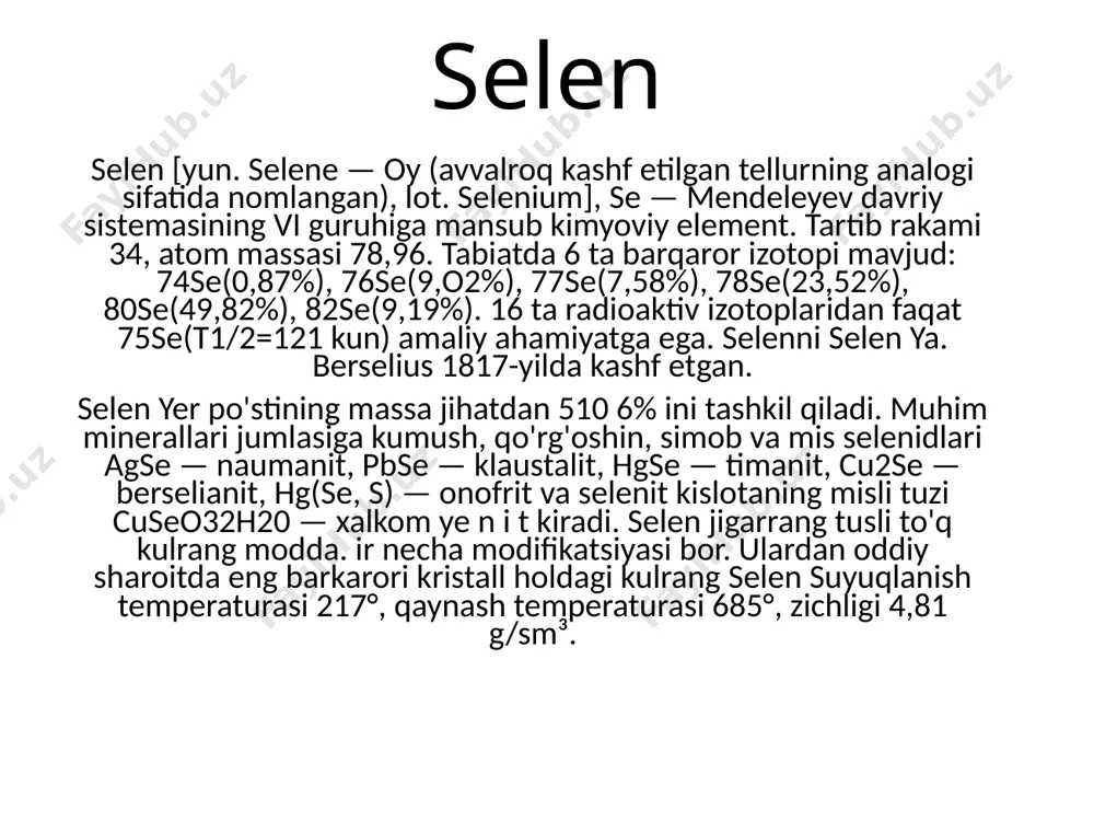rganik birikmalari ham maʼlum. tellur va uning birikmalari (ayniqsa, n2te) nihoyatda zaharli. tellur metall sulfidlarni qayta ishlashda va elektroliz yo'li bilan oltin, kumush, mis olishda "anod balchiq" tarkibida yonaki mahsulot sifatida xreil bo'ladi. tarkibida tellur va selen bo'lgan rudalarni qayta ishlash yo'li bilan tellur va selenning eruvchan birikmalari xreil qilinadi. eritma orqali sulfit angidrid so2 o'tkazilsa, selen va tellur cho'kmaga tushadi. hosil qilingan erkin tellurdan qayta suyuqlantirish vakuumda haydash yoki zonalar bo'ylab suyukdantirish yo'li bilan sof tellur olinadi. tellur selenga nisbatan kam ishlatiladi. sanoatda olinadigan tellurning asosiy qismi telluridlar sintez qilish va yarim o'tkazgichlar uchun sarflanadi. tellurli materiallardan mikroelektronika uchun kerakli yarim o'tkazgich pardalar tayyorlanadi. vismut va surma telluridlar termoelektr generatorlar uchun zaruriy materiallardir. kadmiy tellurid (cdte) quyosh batareyalari, lazerlari, radioaktiv nurlanish hisoblagichlari tayyorlashda qo'llanadi. tellurning o'zi rezina va shisha sanoatida ishlatiladi. metallurgiyada mexanik xossalarni yaxshilovchi legirlovchi qo'shimcha sifatida (asosan, qo'rg'oshinga) qo'llanadi. natriy va kaliy telluritlardan mikrobiologiyada va difteriya diagnostikasida …