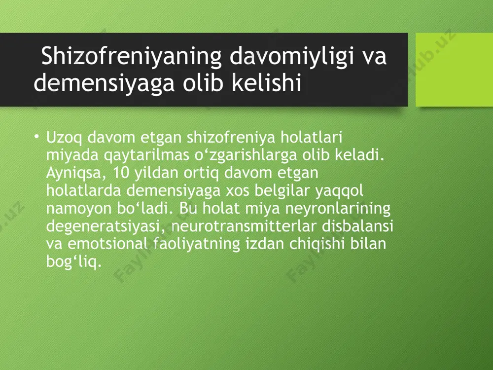ik shizofrenik demensiya rivojlanishida asosiy omillardan biridir. boshqa sabablar – biologik va ijtimoiy omillar biologik omillar: miya strukturasi o‘zgarishlari (masalan, frontal qobiqning atrofiyasi), dopamin va serotonin darajasining buzilishi. ijtimoiy omillar: yolg‘izlik, ijtimoiy ajralish, bolalikda psixologik travmalar. stressli vaziyatlar kasallikni kuchaytiradi. shizofrenik demensiya alomatlari xotira susayishi diqqatni jamlay olmaslik mantiqiy fikr yuritishdagi pasayish nutqning buzilishi hissiy befarqlik oddiy ijtimoiy vazifalarni bajara olmaslik shaxsiyat parchalanishi asoratlar – ijtimoiy va hissiy ijtimoiy izolyatsiya: do‘stlar va oila bilan aloqalar uziladi. ishga yaroqsizlik: bemor mustaqil ishlay olmaydi, hayot sifatini pasaytiradi. o‘z joniga qasd xavfi: hissiy tushkunlik, depressiya va umidsizlik kuchayadi. parvarishga to‘liq muhtojlik: doimiy nazorat zarur bo‘ladi. psixologik va nevrologik asoratlar psixoz epizodlari kuchayadi. o‘zini anglash zaiflashadi. neurologik funktsiyalar (harakatlar koordinatsiyasi, reflekslar) pasayadi. demotivatsiya va passivlik kuchayadi. oldini olish va yondashuv erta tashxis va doimiy psixiatrik nazorat antipsixotik dorilar orqali xurujlarni nazorat qilish psixoterapiya va oilaviy maslahatlar reabilitatsion markazlarda parvarish va treninglar sog‘lom turmush tarzini …