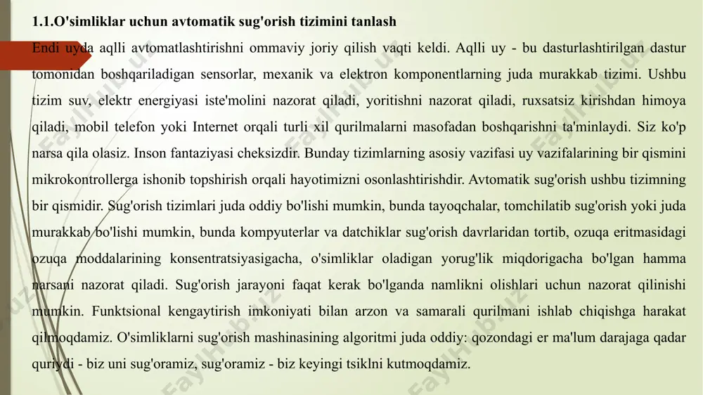 mumkin. ammo, shunga qaramay, agar ular o'sadigan tuproqning namlik darajasi uzoq vaqt (bir hafta yoki undan ko'proq) past bo'lsa, o'simliklar o'lishi mumkin. agar siz doimo uyda bo'lsangiz, unda har kuni o'simliklarni sug'orish qiyin emas. ammo ta'tilga yoki ish safariga etarlicha uzoq vaqt ketgan bo'lsangiz-chi? arduino unoni sug’orish dasturini ko’rinishi ushbu maqolada biz arduino uno platasi va tuproq namligi sensori (namlik sensori) asosida avtomatik sug'orish tizimini yaratishni ko'rib chiqamiz, bu sizning o'simliklaringizni avtomatik ravishda sug'oradi va siz yo'qligingizda tuproqdagi namlikning optimal darajasini saqlab qoladi. tizim uyda ham, bog'ingizda ham ishlatilishi mumkin. shuningdek, bizning veb-saytimizda siz uy qurilishi tuproq namligi sensori bilan o'simliklarni sug'orish tizimining shunga o'xshash loyihasini ko'rishingiz mumkin, lcd displeyda xabarlar va sms orqali tizimning ishlashi haqida bildirishnomalar. avtomatik sug'orish tizimining ishlash printsipi bizning sug'orish tizimimizning mantig'i juda oddiy bo'ladi. namlik sensori tuproqdagi namlik darajasini o'lchaydi va bu daraja etarlicha past bo'lganda, arduino uno platasi yordamida suv nasosiga (suv nasosiga) …