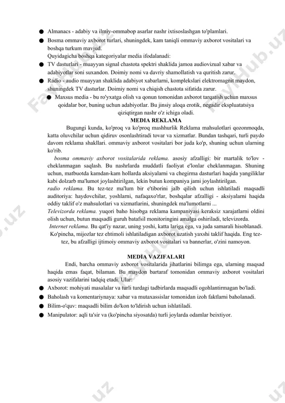 lantirish uchun, u ham batafsil bo'linish qabul qildi. bosma ommaviy axborot vositalari turlari kabi kabi, taniqli o'z ichiga oladi: · jurnallar - dolzarb siyosiy va ijtimoiy, ilmiy, ish va boshqa masalalar bo'yicha maqolalarning turli ichiga davriy. · gazeta, - davriy tegishli taklif etadi, lekin tez vaqt va mazmun turli ega qisqa davrlarda o'tadi sana axborot chiqib ketadi. · almanacs - adabiy va ilmiy-ommabop asarlar nashr ixtisoslashgan to'plamlari. · bosma ommaviy axborot turlari, shuningdek, kam taniqli ommaviy axborot vositalari va boshqa turkum mavjud. quyidagicha boshqa kategoriyalar media ifodalanadi: · tv dasturlari - muayyan signal chastota spektri shaklida jamoa audiovizual xabar va adabiyotlar soni suxandon. doimiy nomi va davriy shamollatish va quritish zarur. · radio - audio muayyan shaklida adabiyot xabarlarni, komplekslari elektromagnit maydon, shuningdek tv dasturlar. doimiy nomi va chiqish chastota sifatida zarur. · maxsus media - bu ro'yxatga olish va qonun tomonidan axborot tarqatish uchun maxsus qoidalar bor, buning uchun …